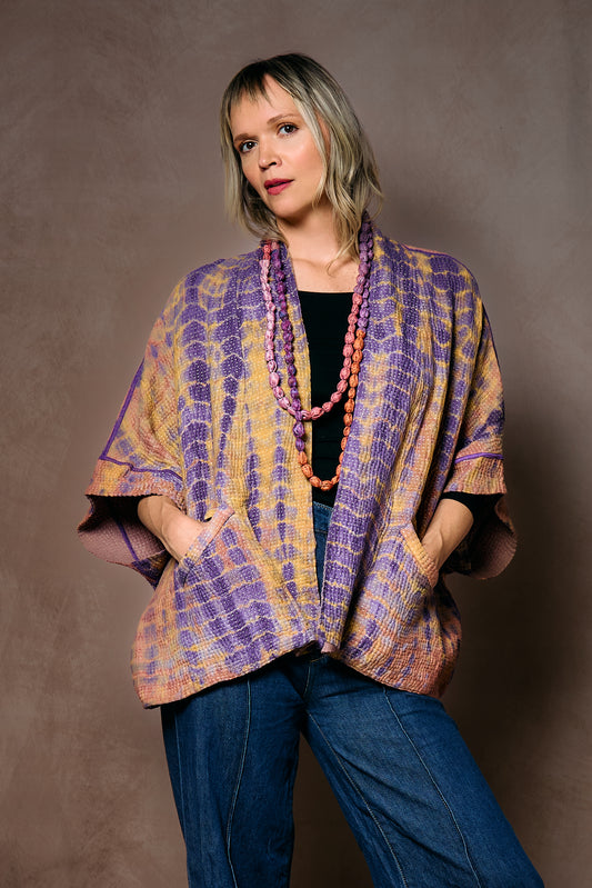 MONE SHIBORI TIE DYE KANTHA MINI PONCHO - ms5060-prp -