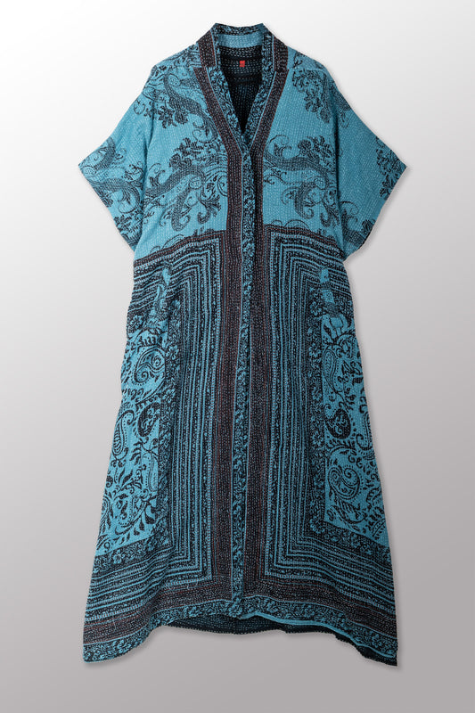 OVERDYED COTTON PAISLEY KANTHA PONCHO DRESS - ov-cp2443-blu -