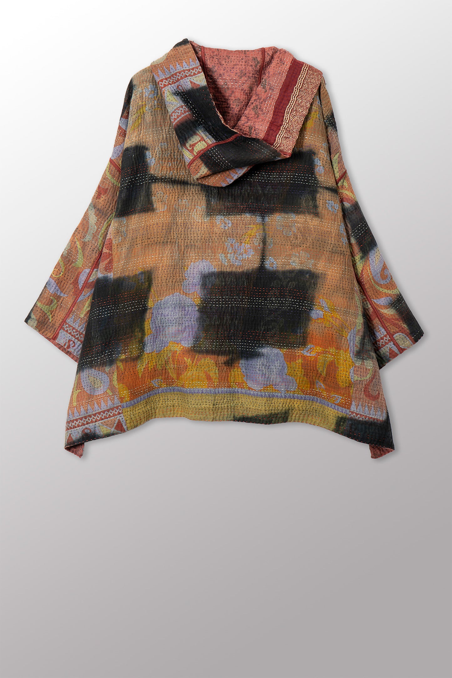 VINTAGE COTTON GREY CLAMP TIE DYE KANTHA HOODIE PONCHO - su4064-0001a -