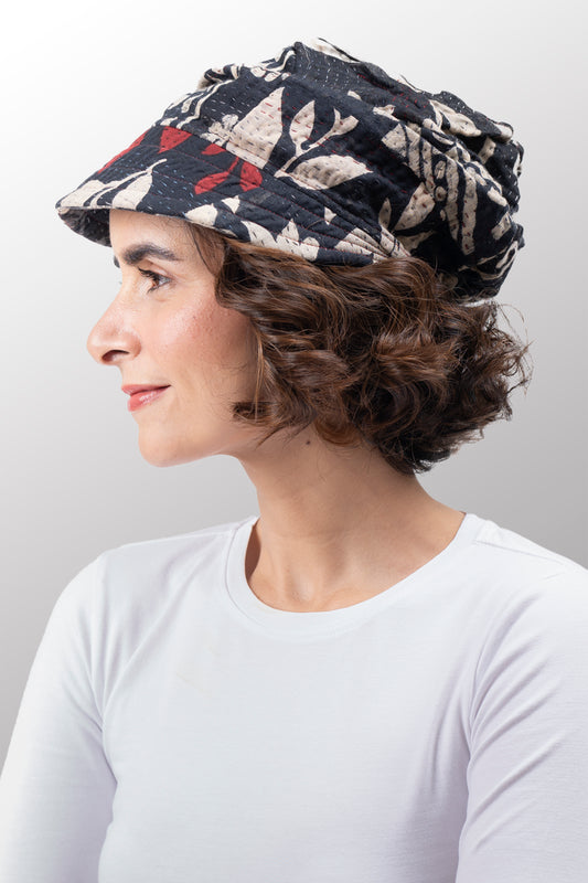 BLACK AND WHITE PRINT PATCH KANTHA HALF BRIM HAT - pn4881-blk -