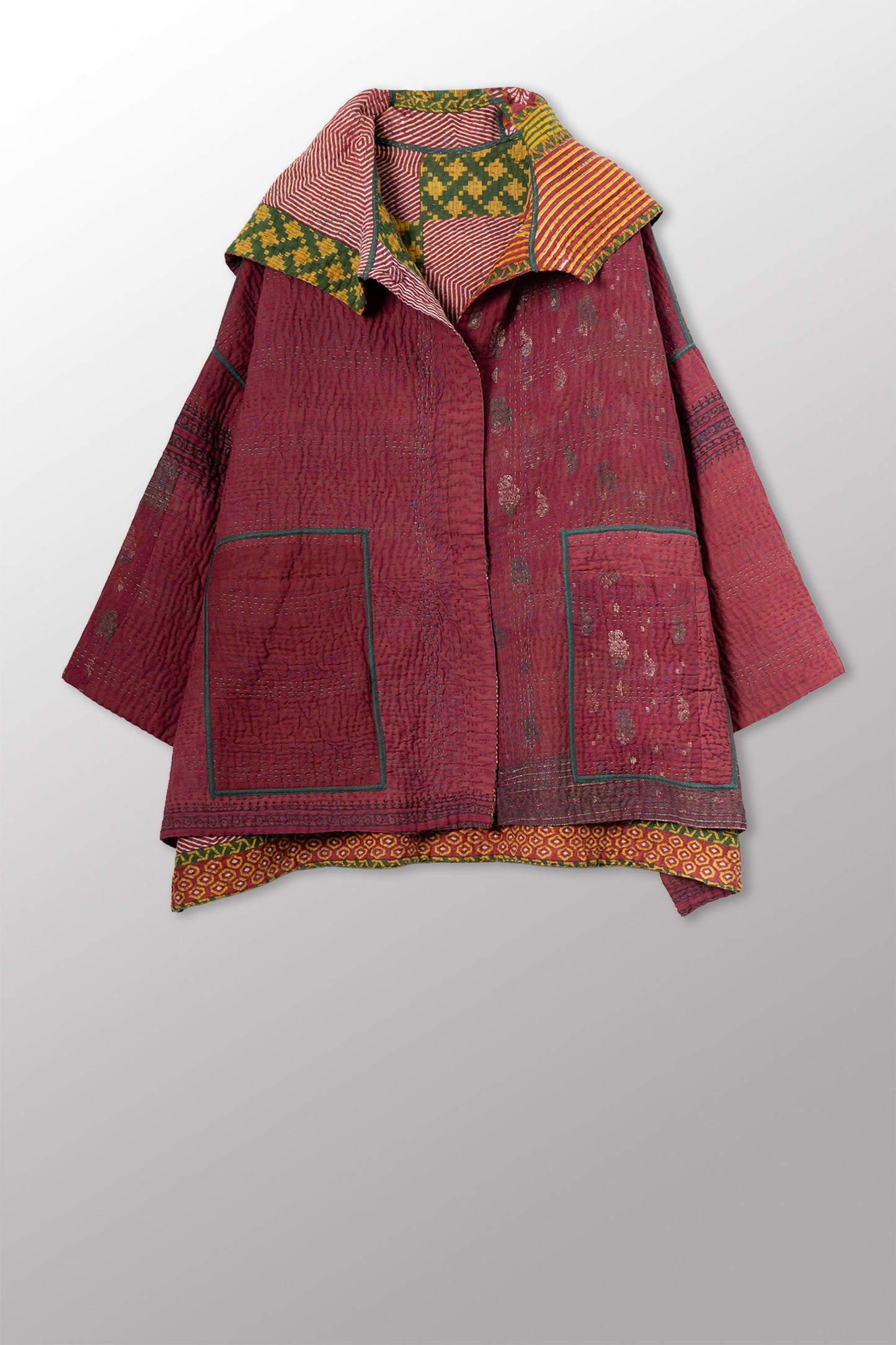 VINTAGE COTTON KANTHA HOODIE PONCHO - cv4064-0045a -