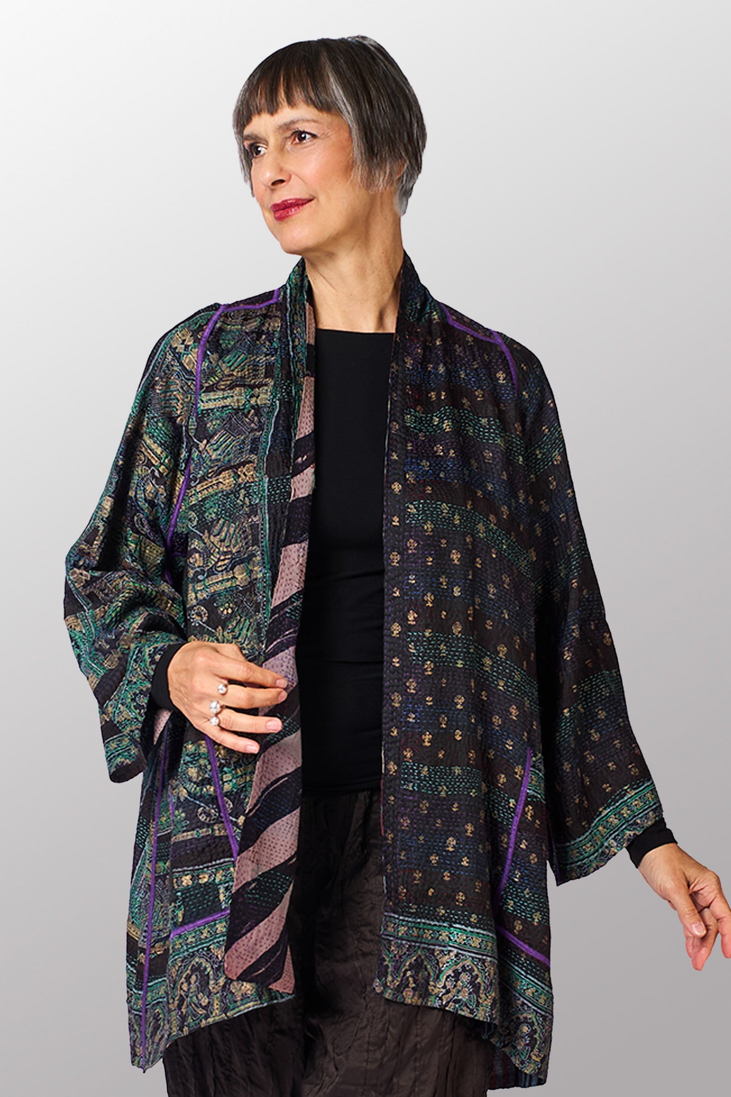 VINTAGE SILK GEORGETTE KANTHA A-LINE JKT - sg2003-0012a -
