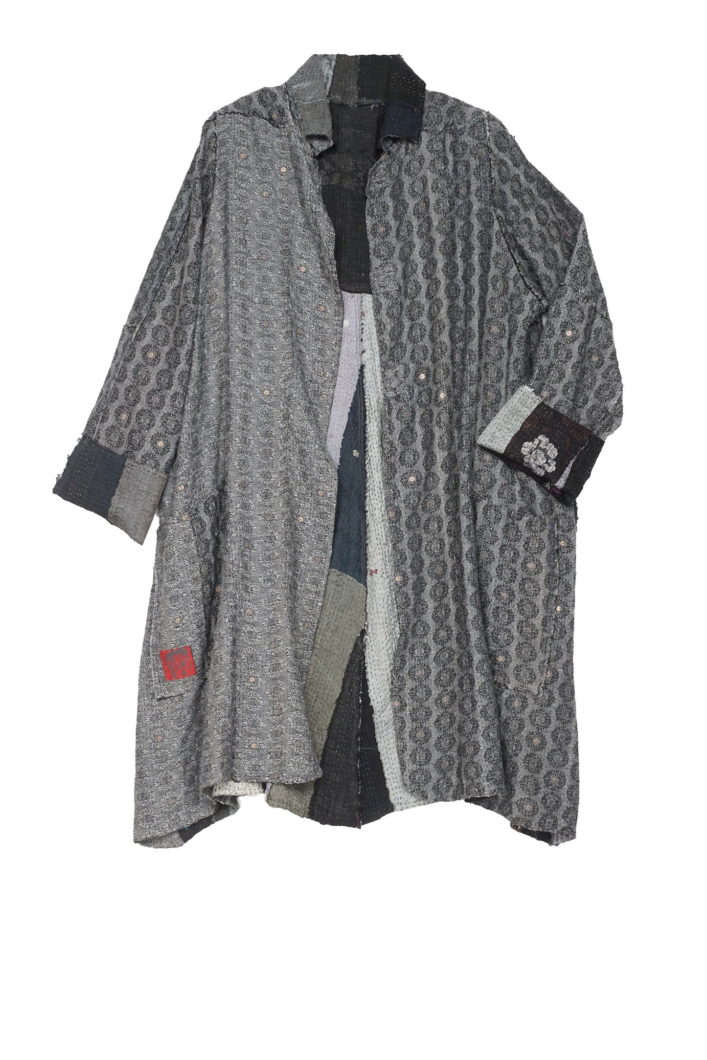 STRIPE FRAYED & HANDWOVEN KANTHA A-LINE DUSTER - ft2311-blk -