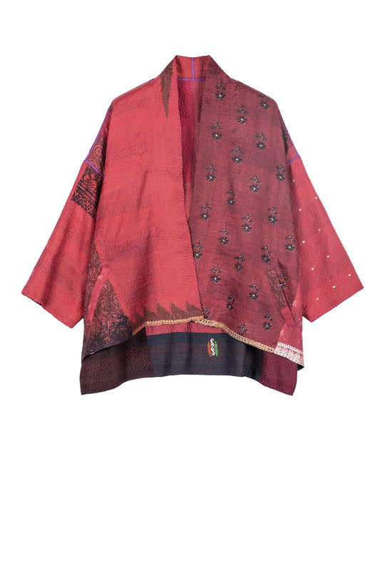 VINTAGE SILK PATCH KANTHA MINI KIMONO JKT - vp2055-red -