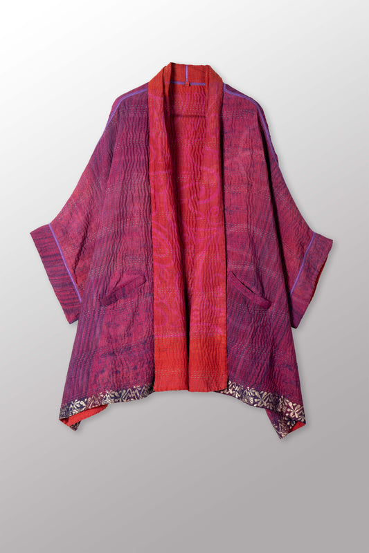 VINTAGE SILK GEORGETTE COTTON KANTHA DOUBLE COLLAR PONCHO - gc4323-0001a -