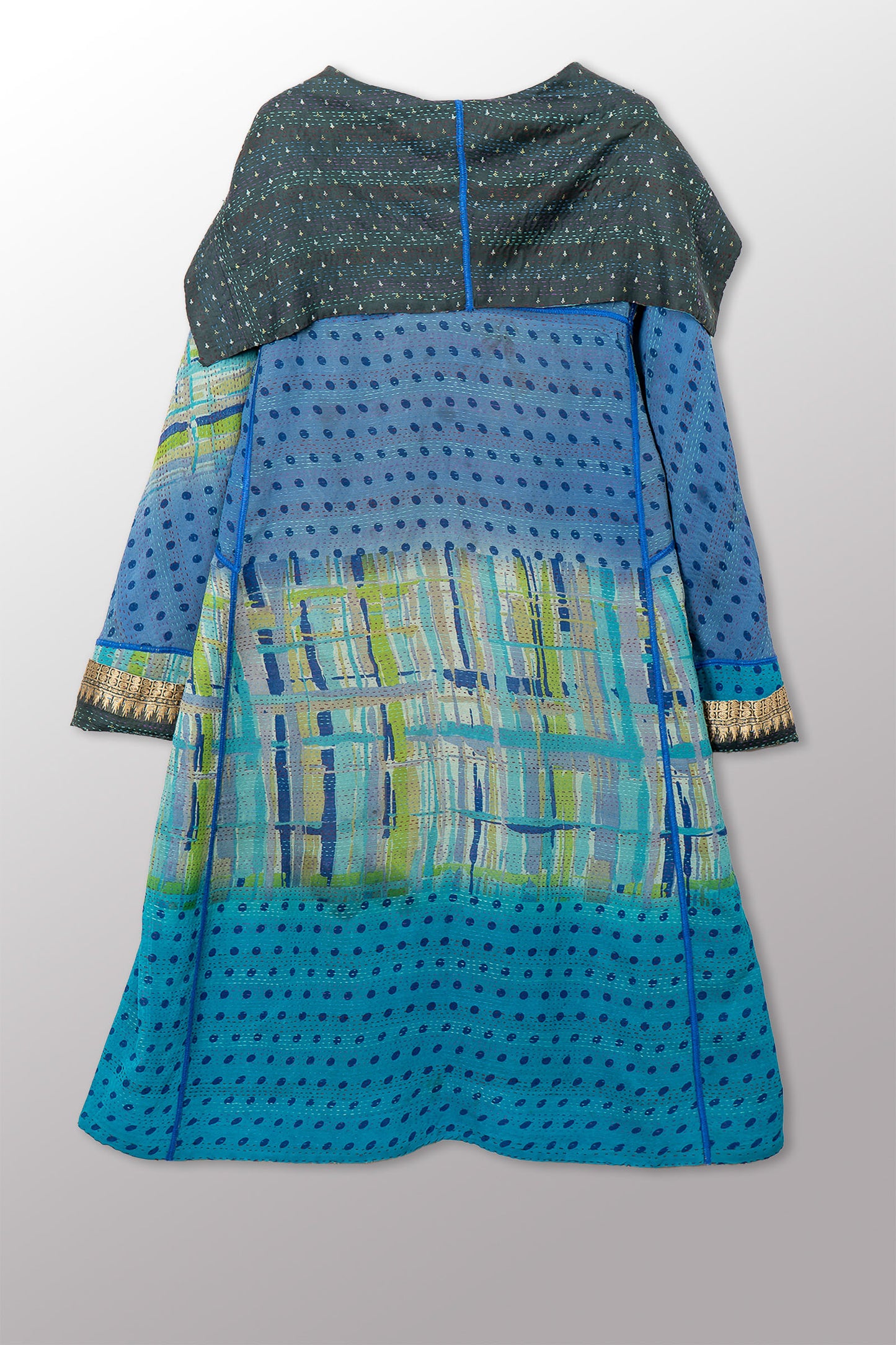 VINTAGE SILK GEORGETTE KANTHA A-LINE LONG COAT - sg2302-0002a -