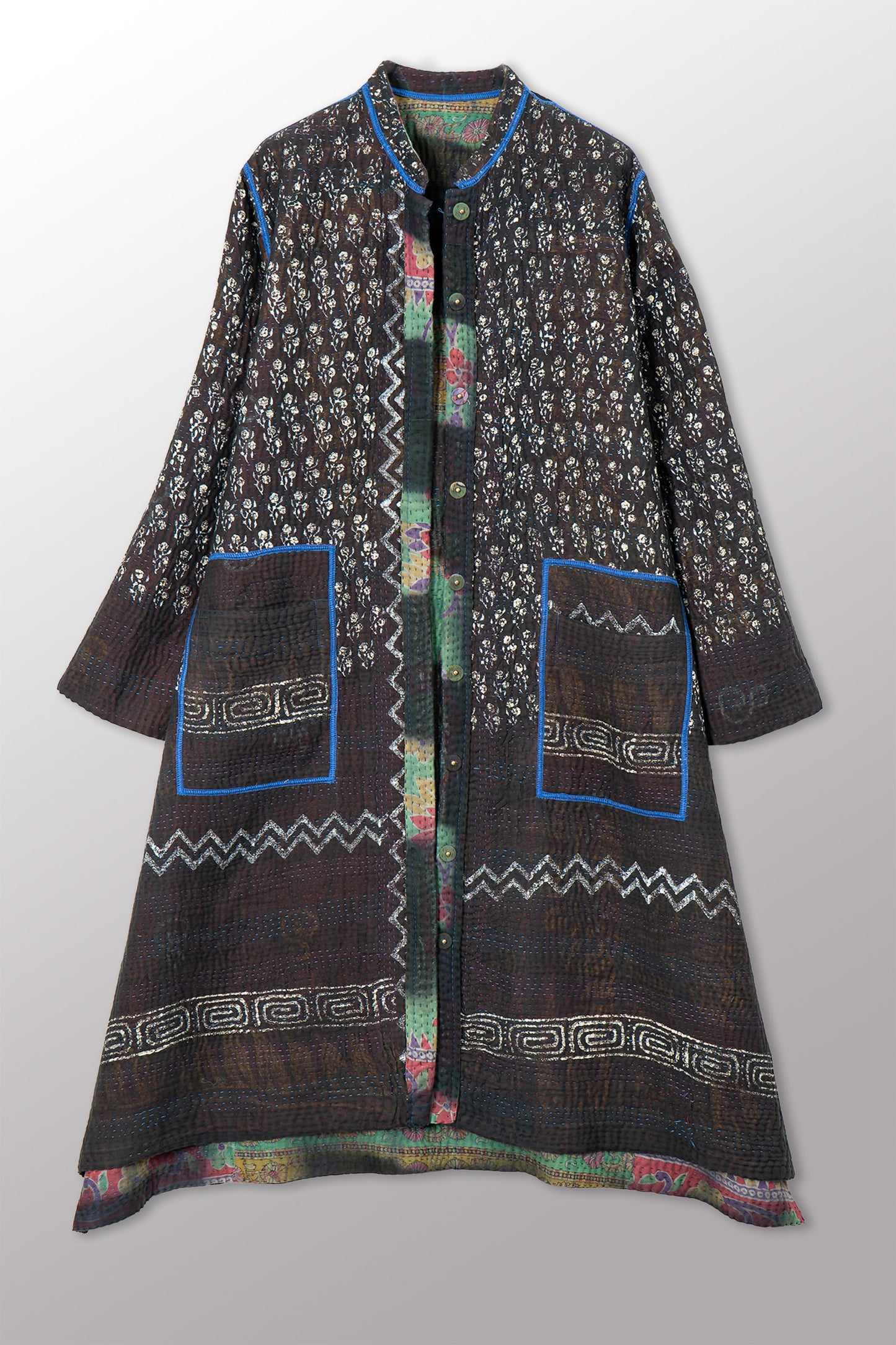 VINTAGE COTTON GREY CLAMP TIE DYE KANTHA KAFTAN COAT - su4343-0001s -
