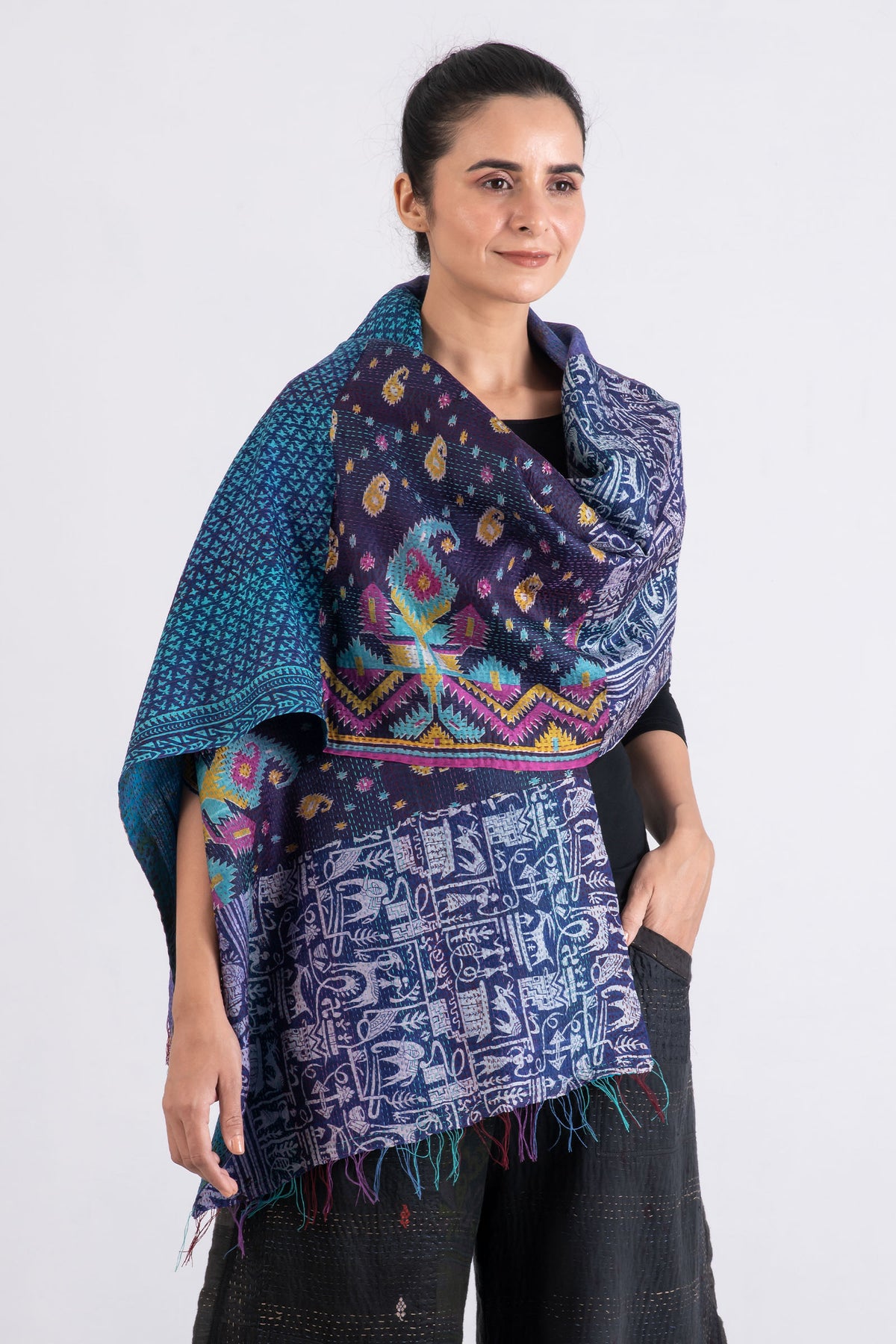 VINTAGE SILK KANTHA SCARF STANDARD - sv2801-mlt -