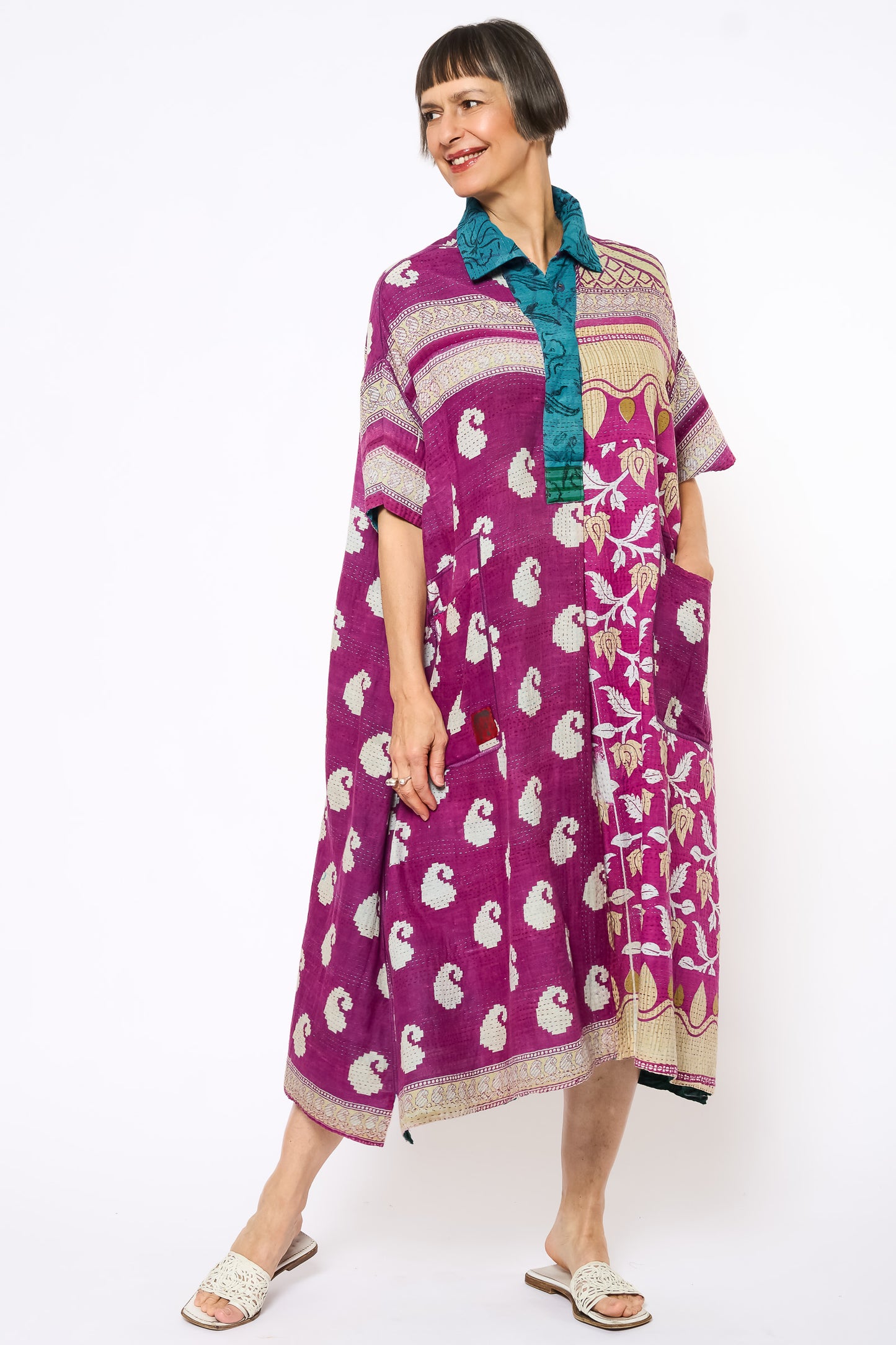 COTTON OVERDYE KANTHA WING COLLAR DRESS - ov2454-cblu001a -