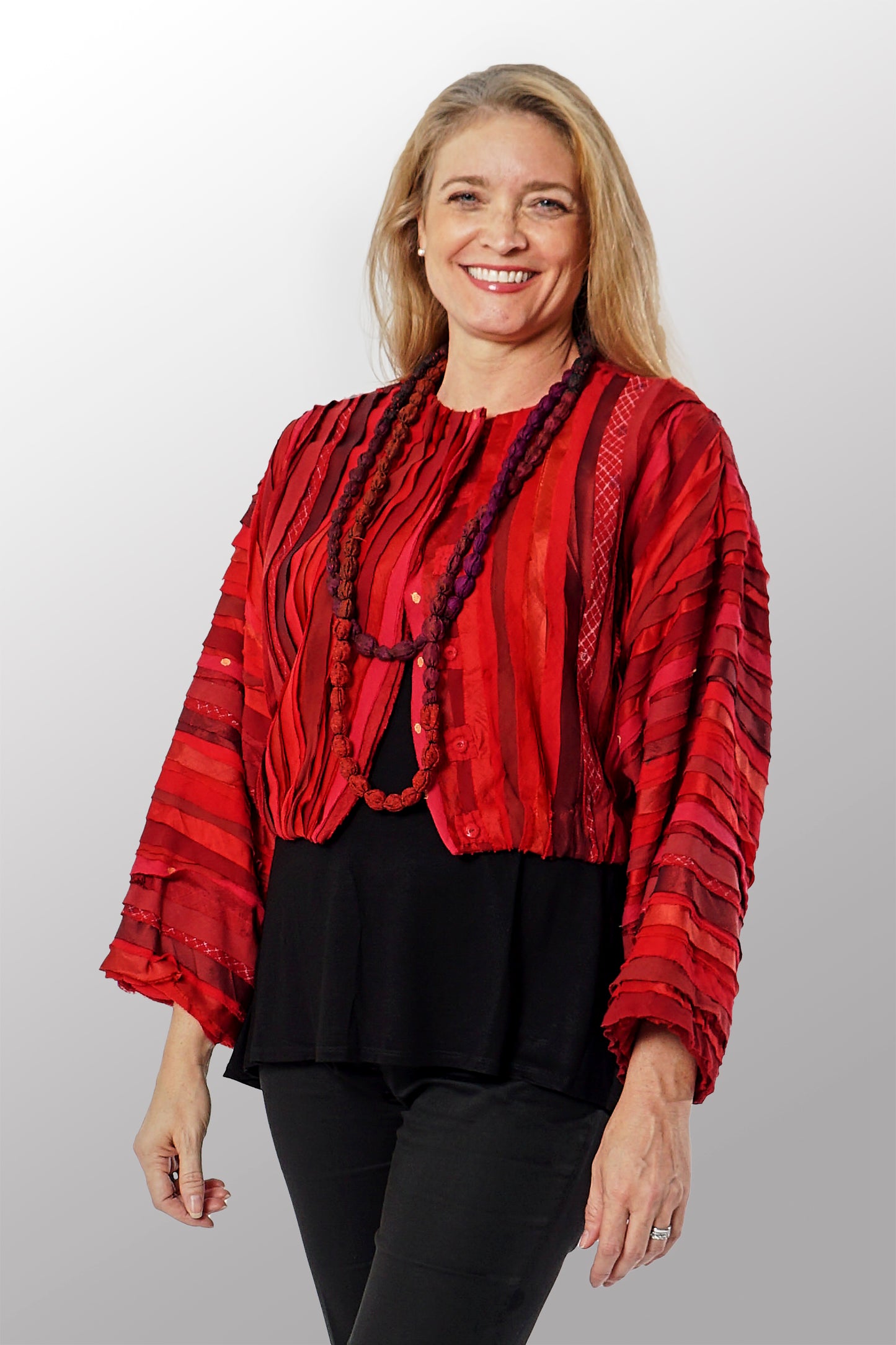 WAVY STRIPE KANTHA CRWE NECK WIDE SLV. JACKET - wv2078-red -