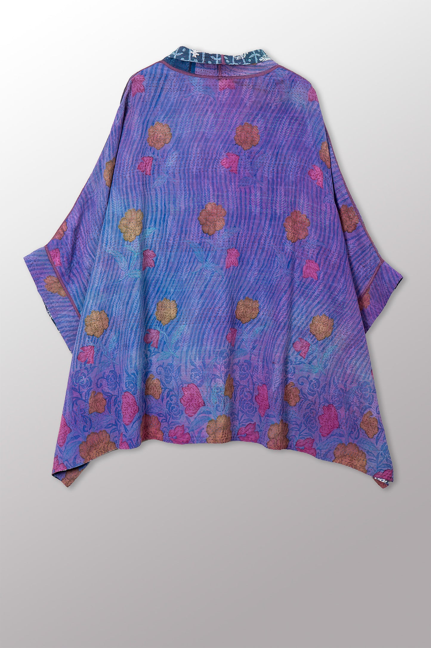 VINTAGE SILK GEORGETTE COTTON KANTHA DOUBLE COLLAR PONCHO - gc2323-0004a -