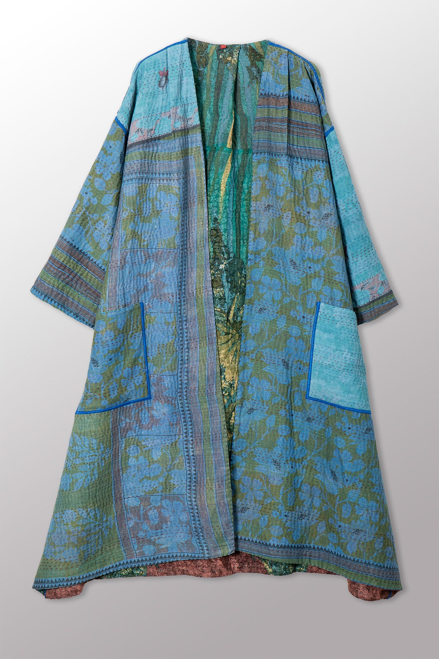 VINTAGE SILK GEORGETTE COTTON KANTHA LONG DUSTER - gc4328-0002a -