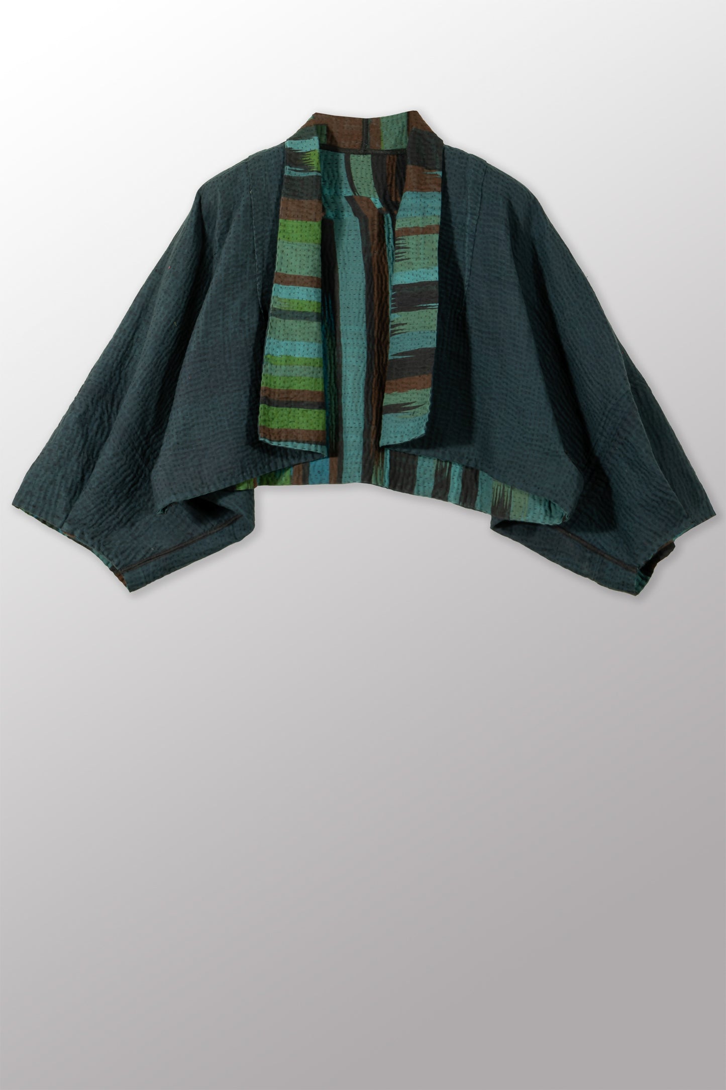IKAT STRIPE KANTHA PUFF SLV. SHRUG - is4062-blu -
