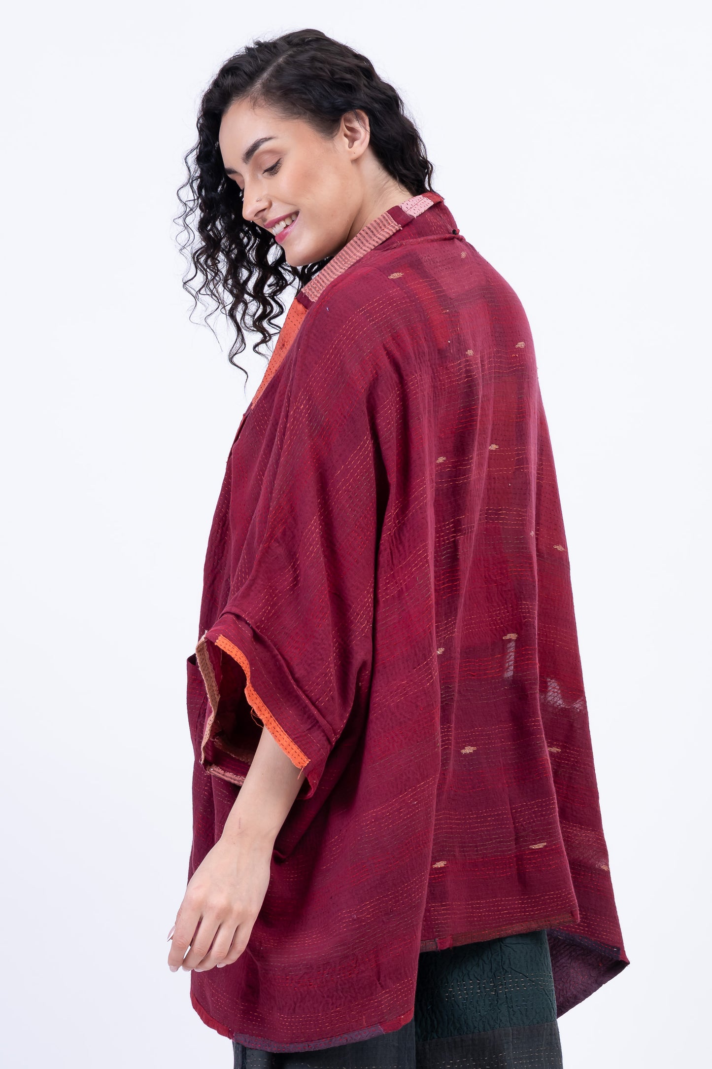 TONAL TILE PATCH KANTHA DOUBLE COLLAR PONCHO - tt2323-red -