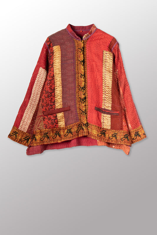 STRIPE RALLIS KANTHA KAFTAN JACKET SHORT - pr4088-red -