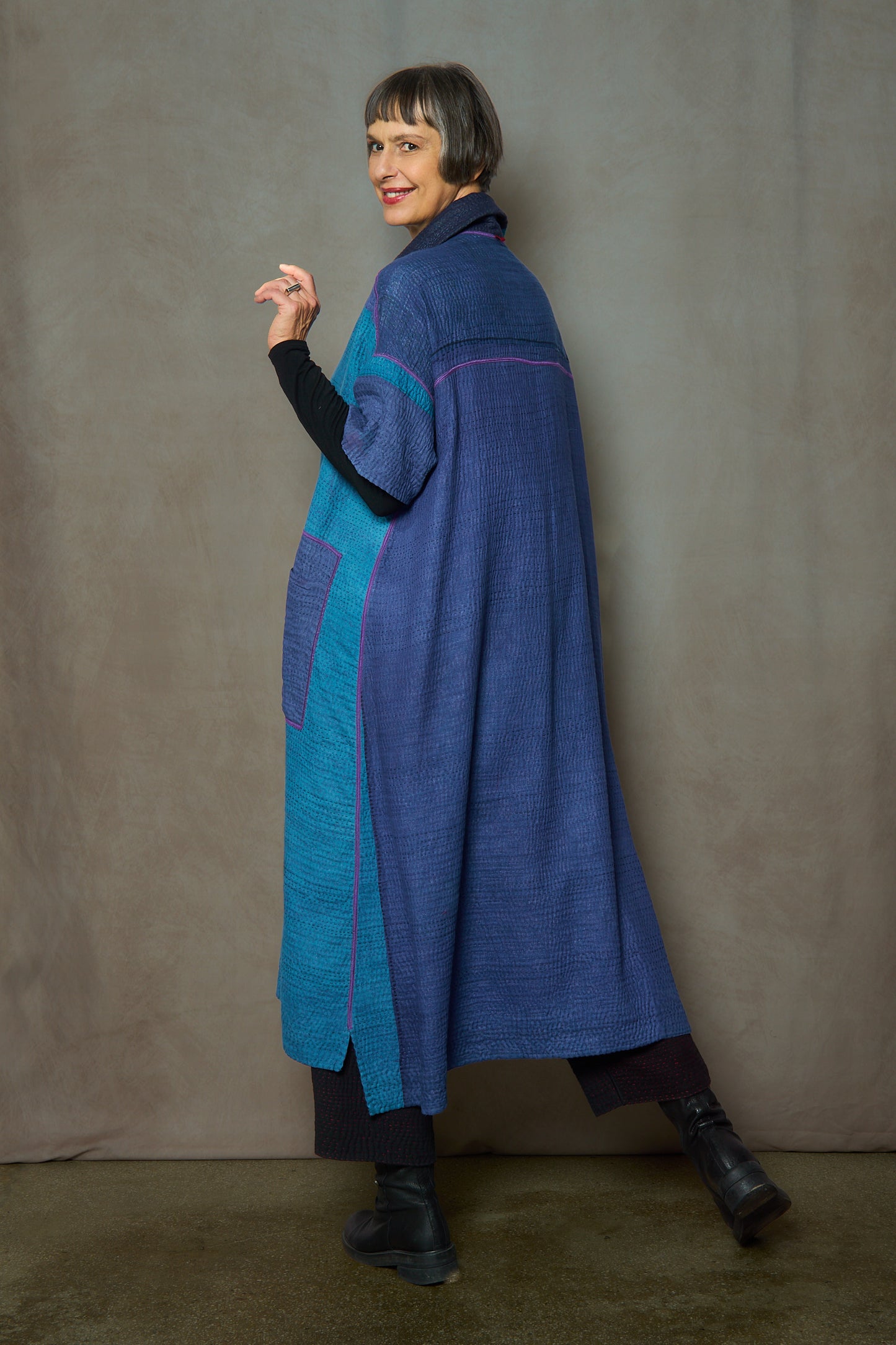 COTTON SILK SW PATCH OMBRE KANTHA WING COLLAR DRESS - wo4454-blu -