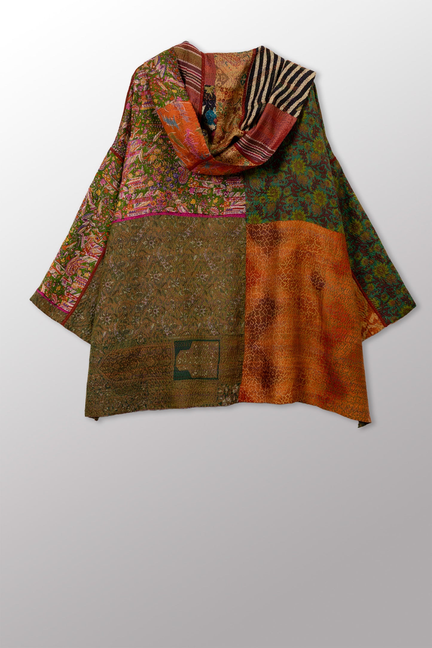 VINTAGE SILK KANTHA HOODIE PONCHO - sv2064-0004a -
