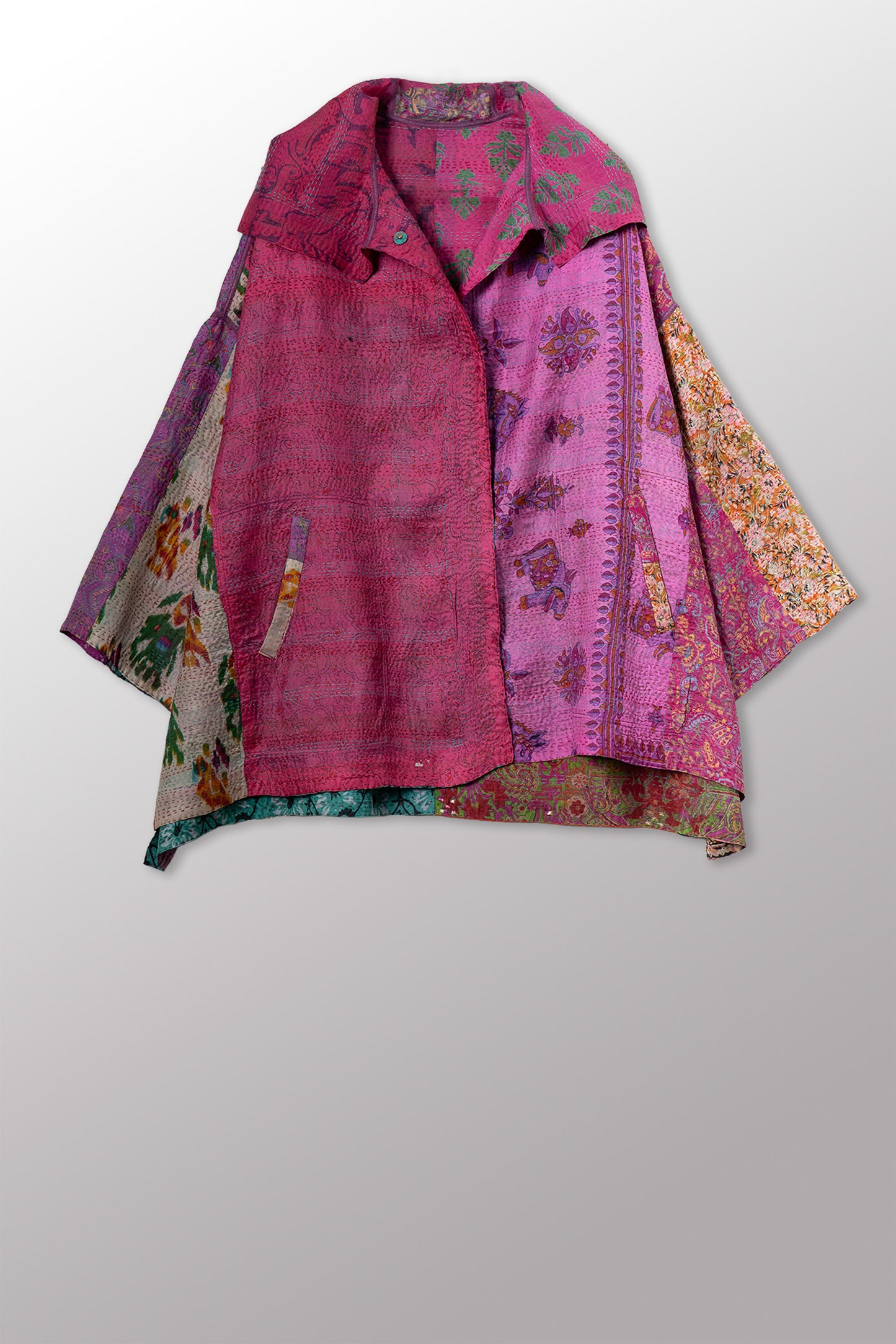 VINTAGE SILK KANTHA HOODIE PONCHO - sv2064-0003a -