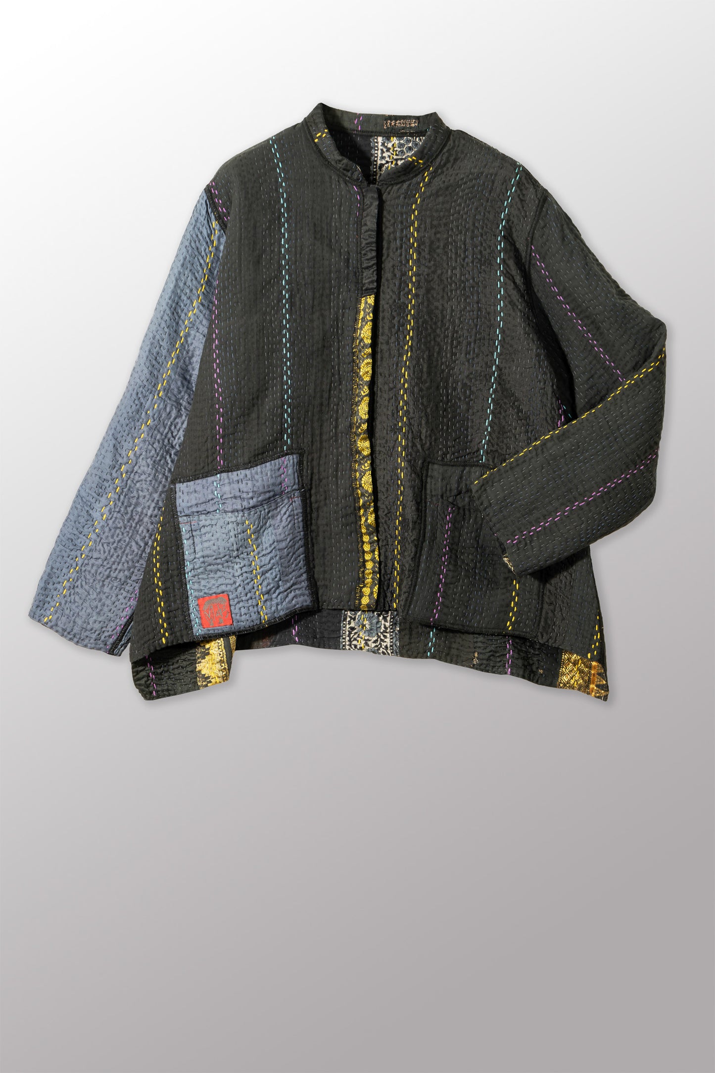 JEWEL WOVEN WITH VERTICAL PATCH KANTHA KAFTAN JACKET SHORT - jv4088-blk -