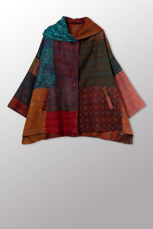 JACQUARD SILK KANTHA HOODIE PONCHO - js4064-cbrn002a -