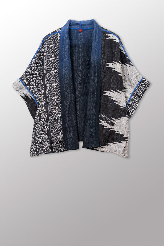 SILK COTTON OMBRE PRINT KANTHA MINI PONCHO - os2060-blk -