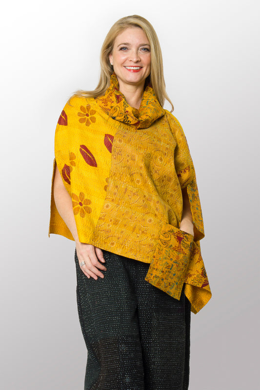 VINTAGE SILK KANTHA COWL NECK LONG CAPE - sv2842-mlt -
