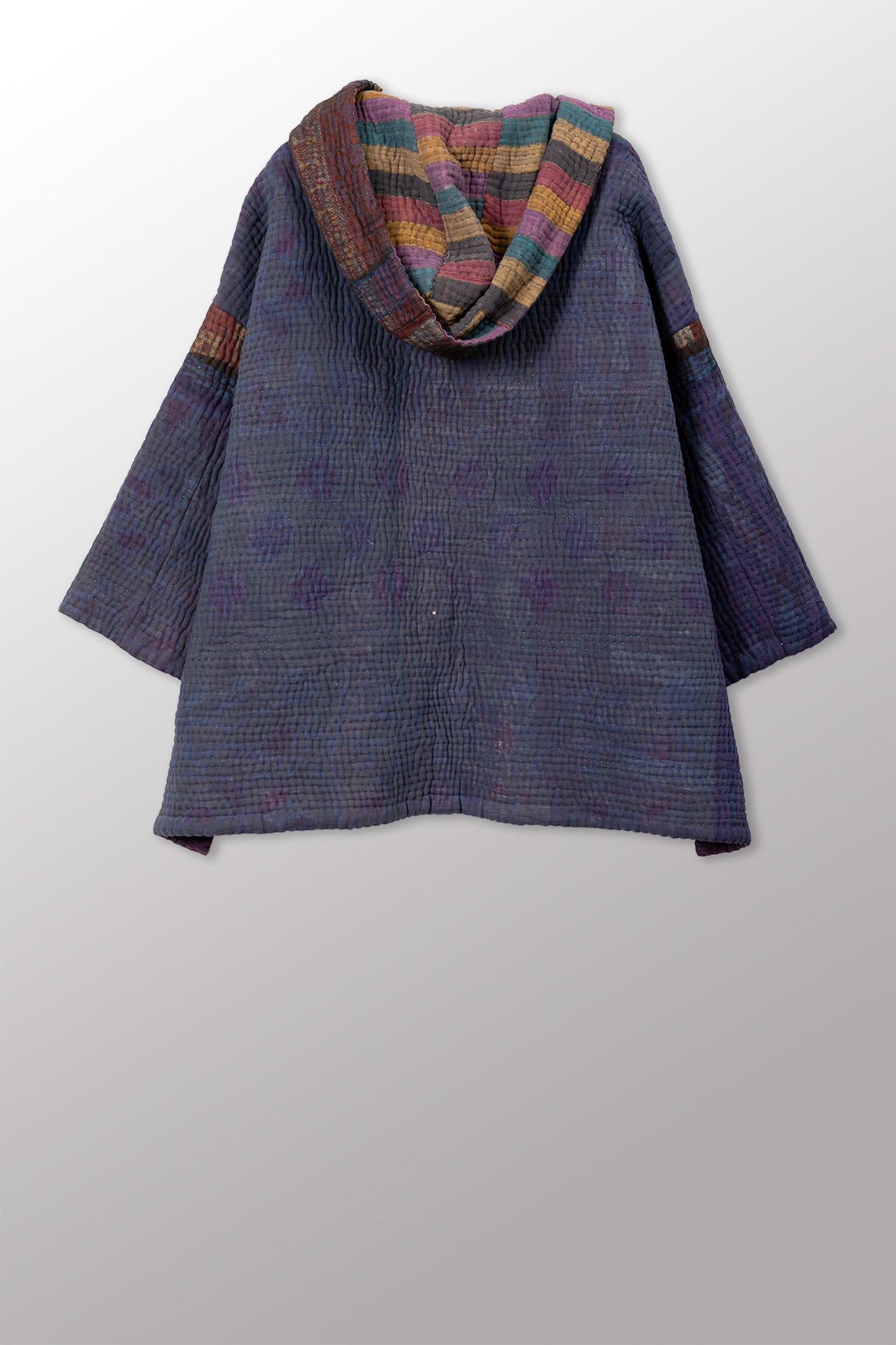 QUILTED OVERDYE COTTON KANTHA HOODIE PONCHO - oq5064-cblu005a -