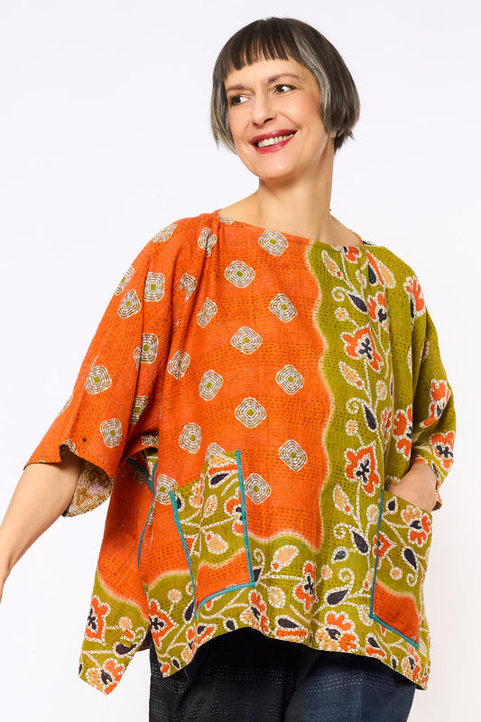VINTAGE COTTON KANTHA BOAT NECK DOLMAN TOP - cv2t100-0001a -