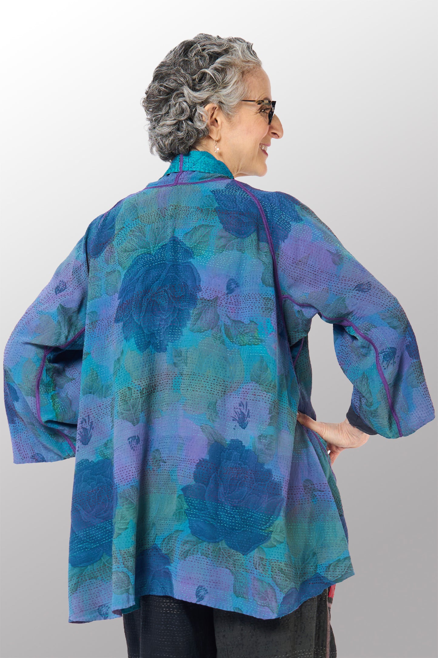 GEORGETTE JACQUARD VINTAGE SILK PATCH KANTHA KIMONO JACKET - gj2004-0001a -