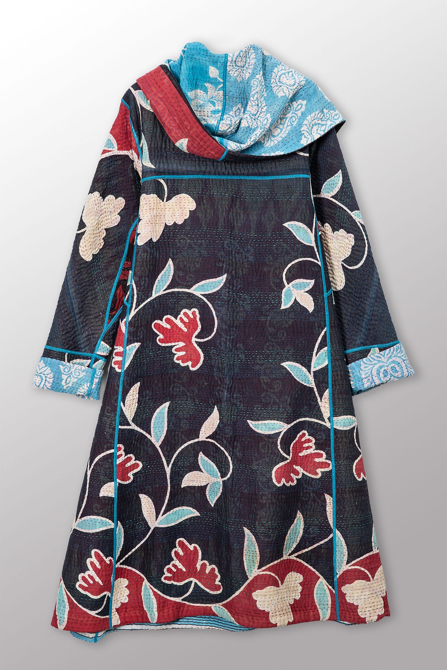 VINTAGE COTTON KANTHA HOODED A-LINE LONG COAT - cv4306-0005a -