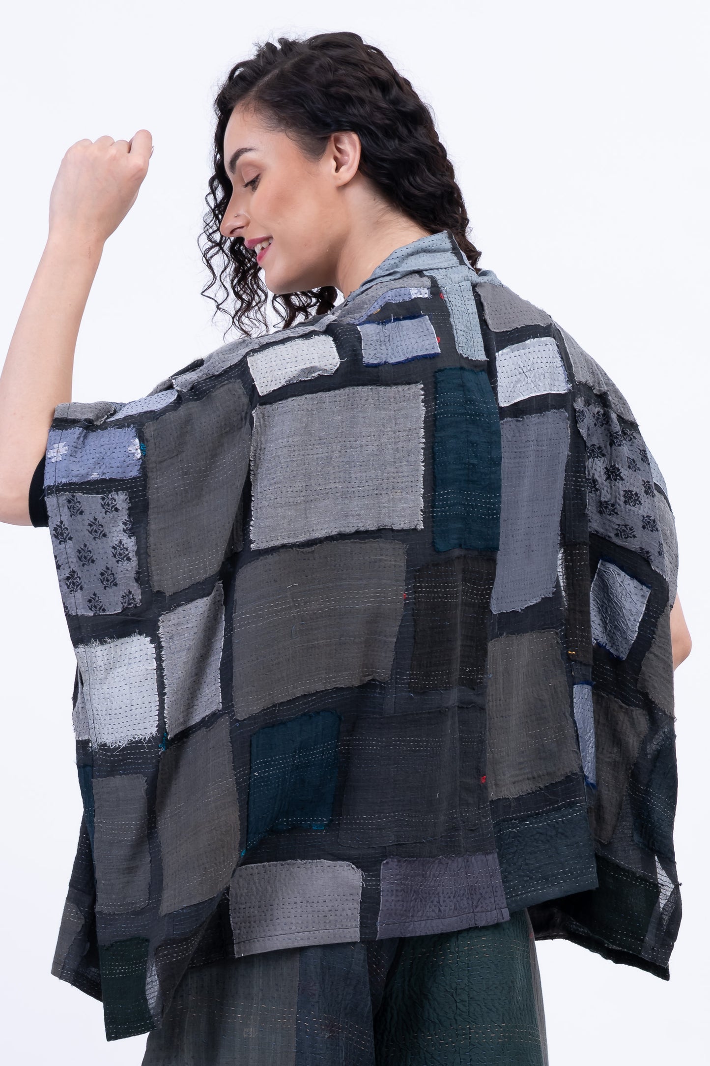 TONAL TILE PATCH KANTHA PONCHO TOP - tt2568-gry -