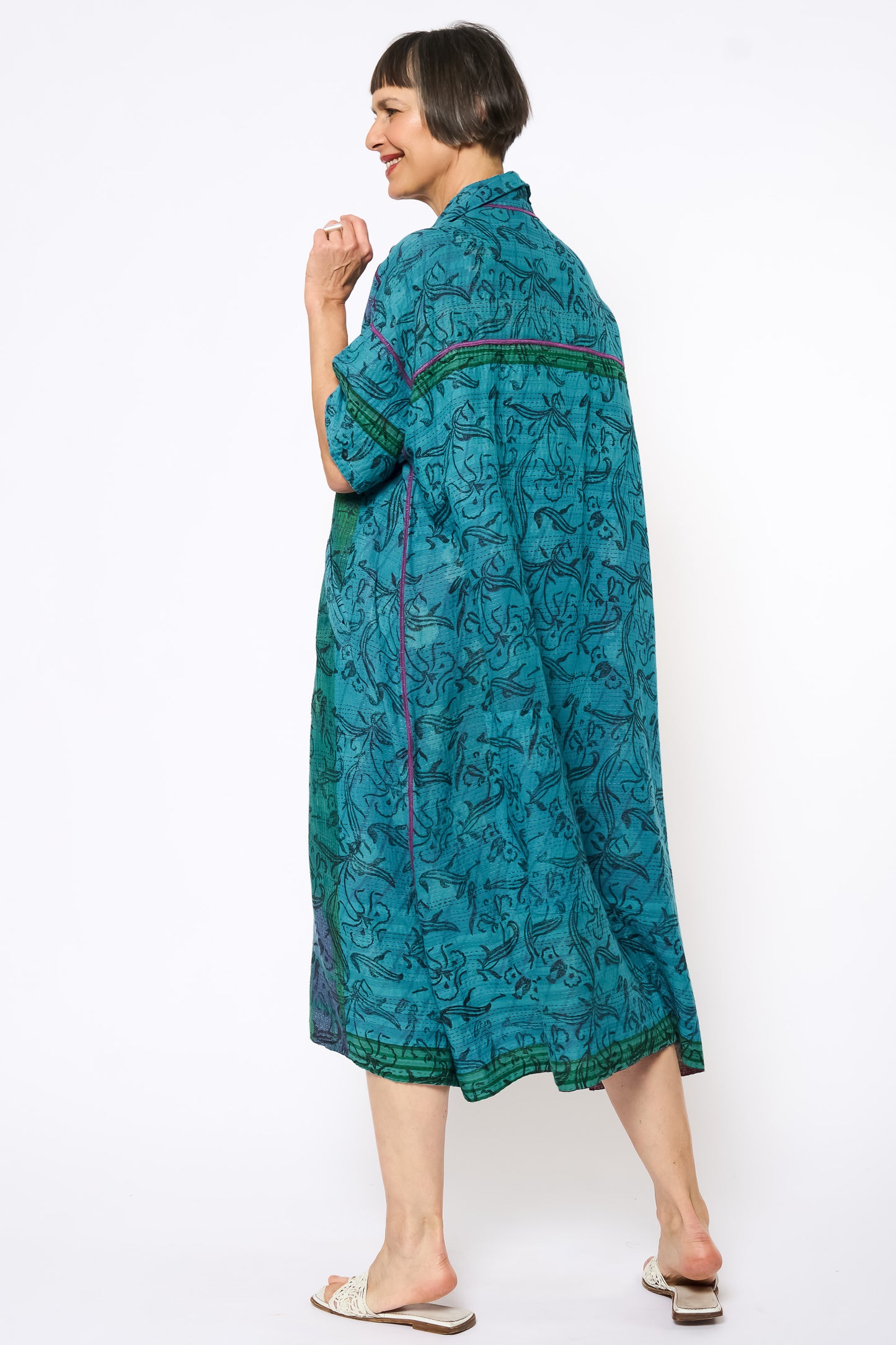 COTTON OVERDYE KANTHA WING COLLAR DRESS - ov2454-cblu001a -