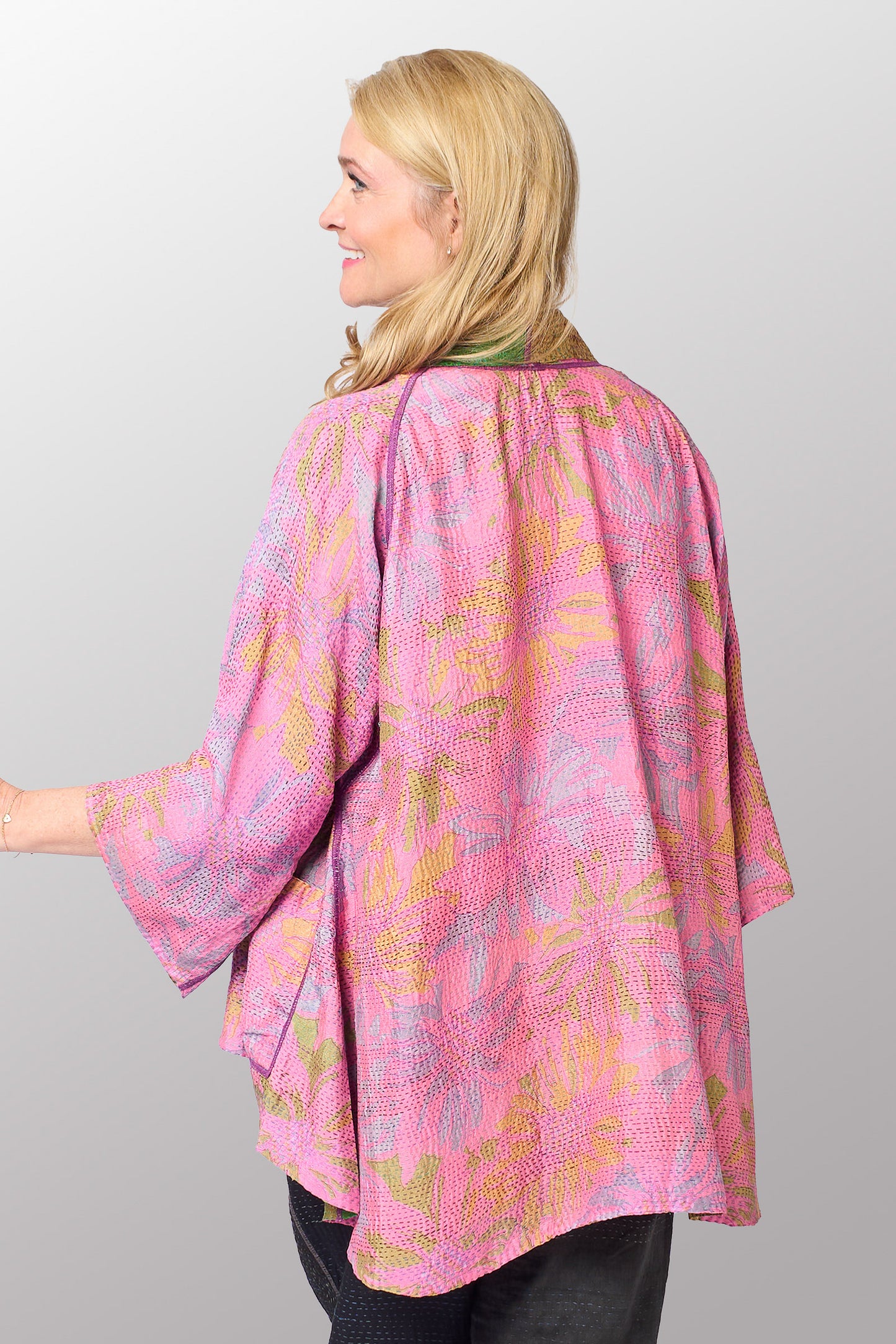 GEORGETTE JACQUARD VINTAGE SILK PATCH KANTHA KIMONO JACKET - gj2004-0002a -
