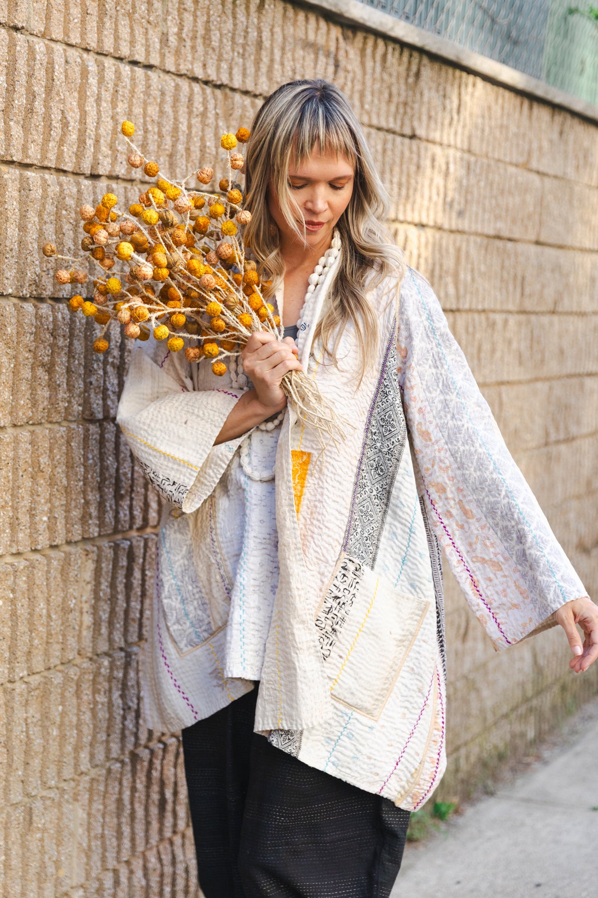 JEWEL WOVEN WITH VERTICAL PATCH KANTHA A-LINE JACKET - jv4003-ivy -