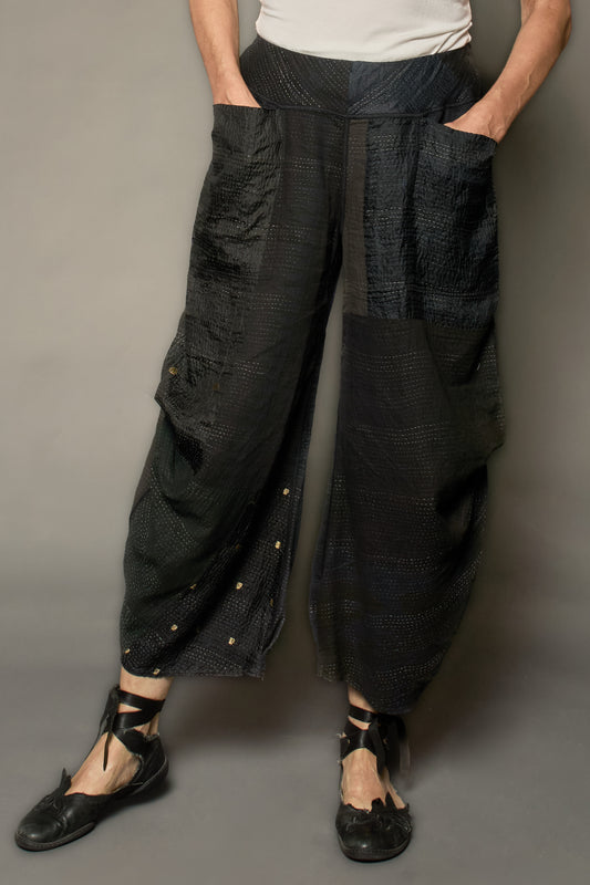 JAIPUR PATCH KANTHA KNEE TUCKED PANTS - jp2625-blk -