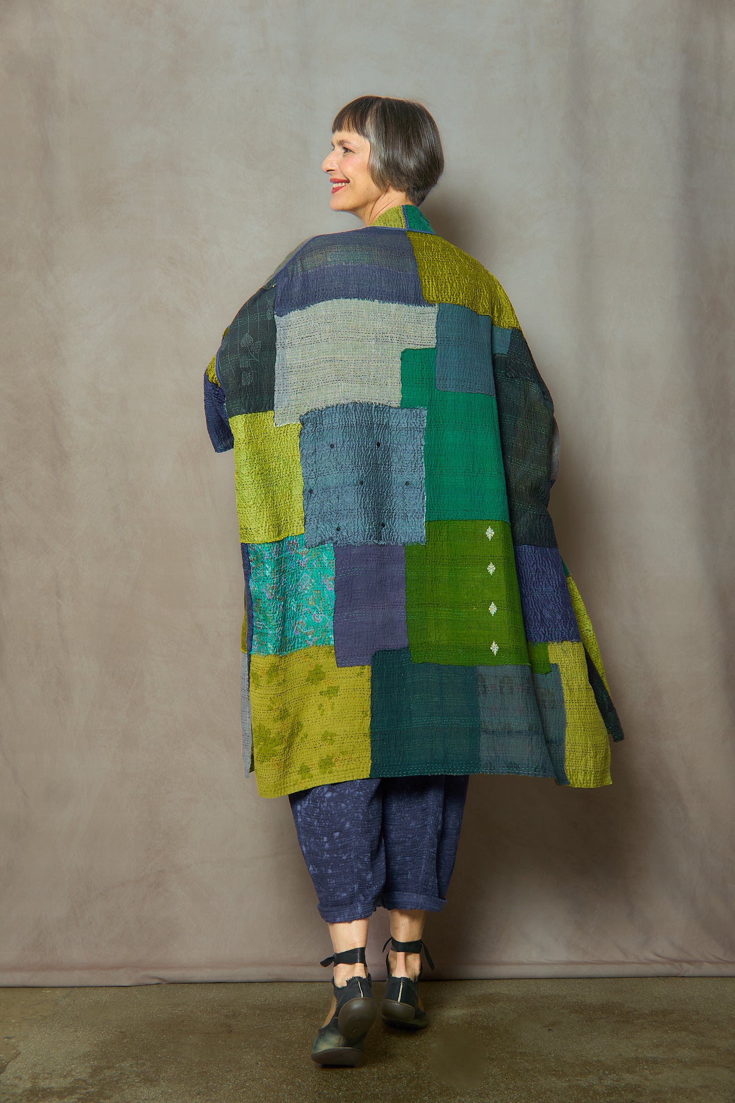 MARBLE FRAY PATCH KANTHA PONCHO TOPPER - mf2356-grn -
