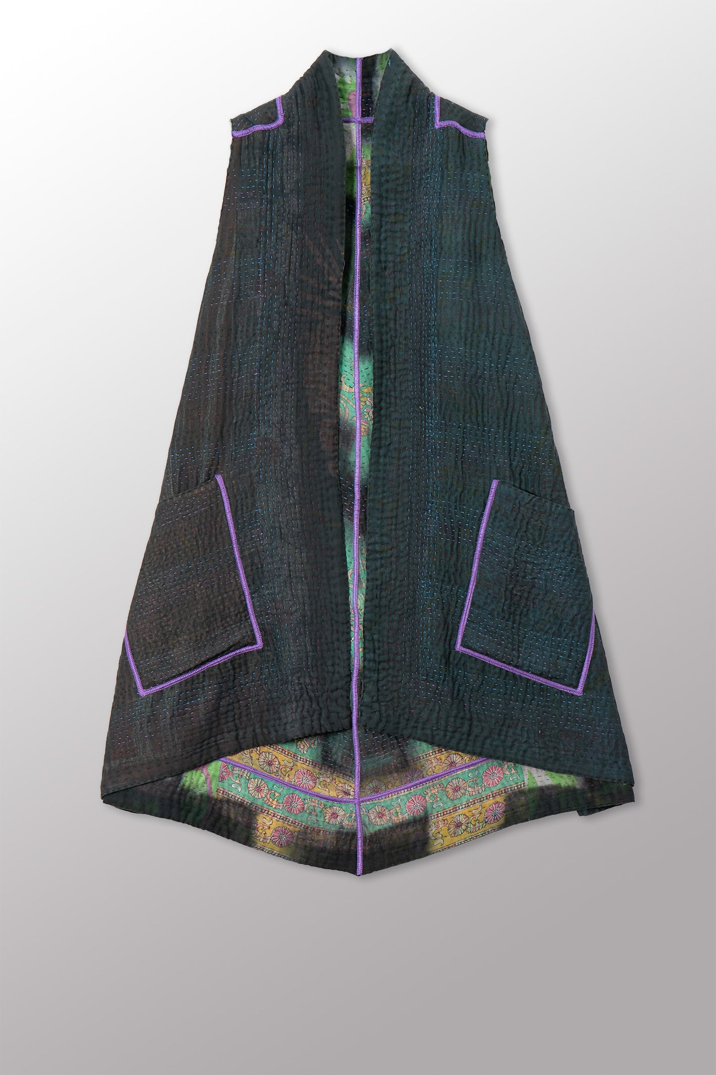 VINTAGE COTTON GREY CLAMP TIE DYE KANTHA A-LINE VEST - su4203-0001a -