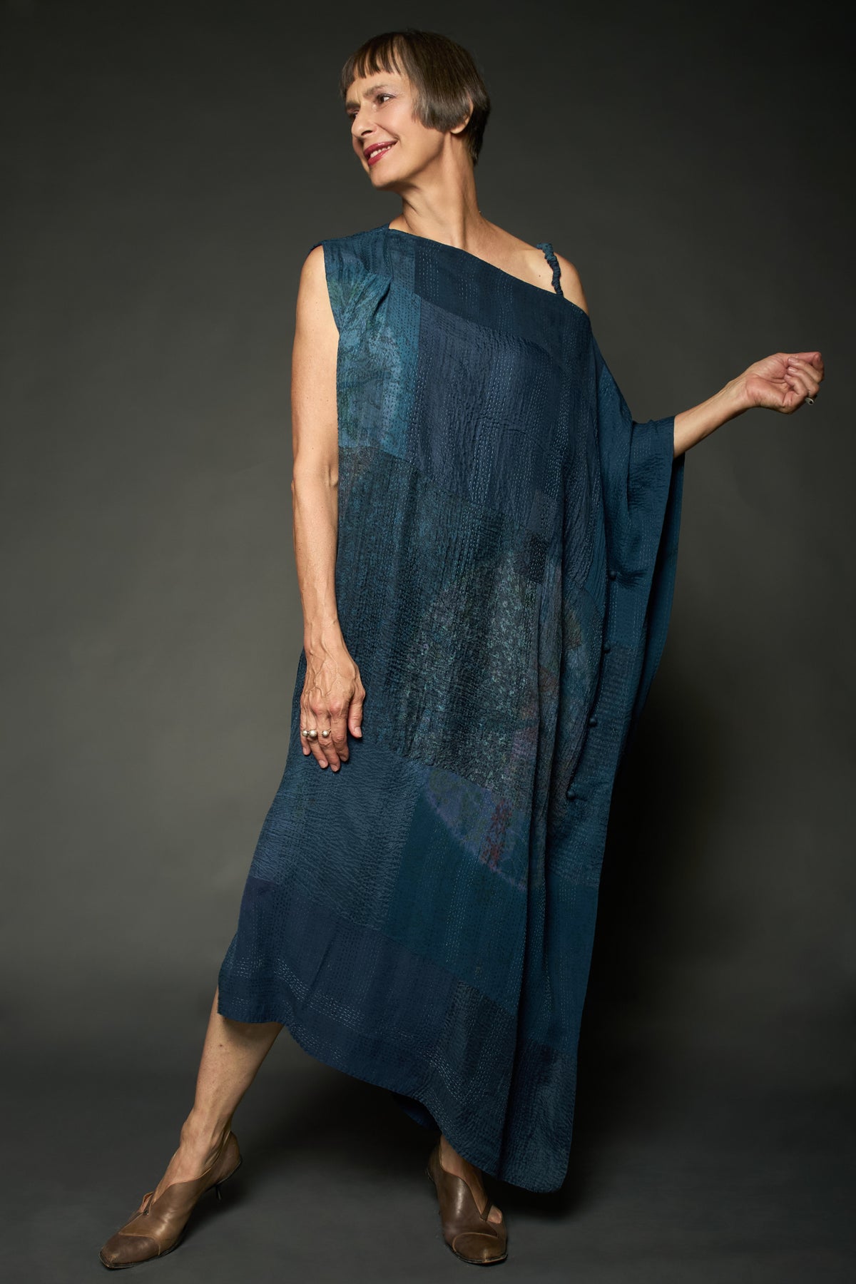 SHIBORI TIE DYE GEORGETTE VINTAGE SILK PATCH KANTHA ASYMMETRIC TUBE DRESS - st-gs2472-nvy -