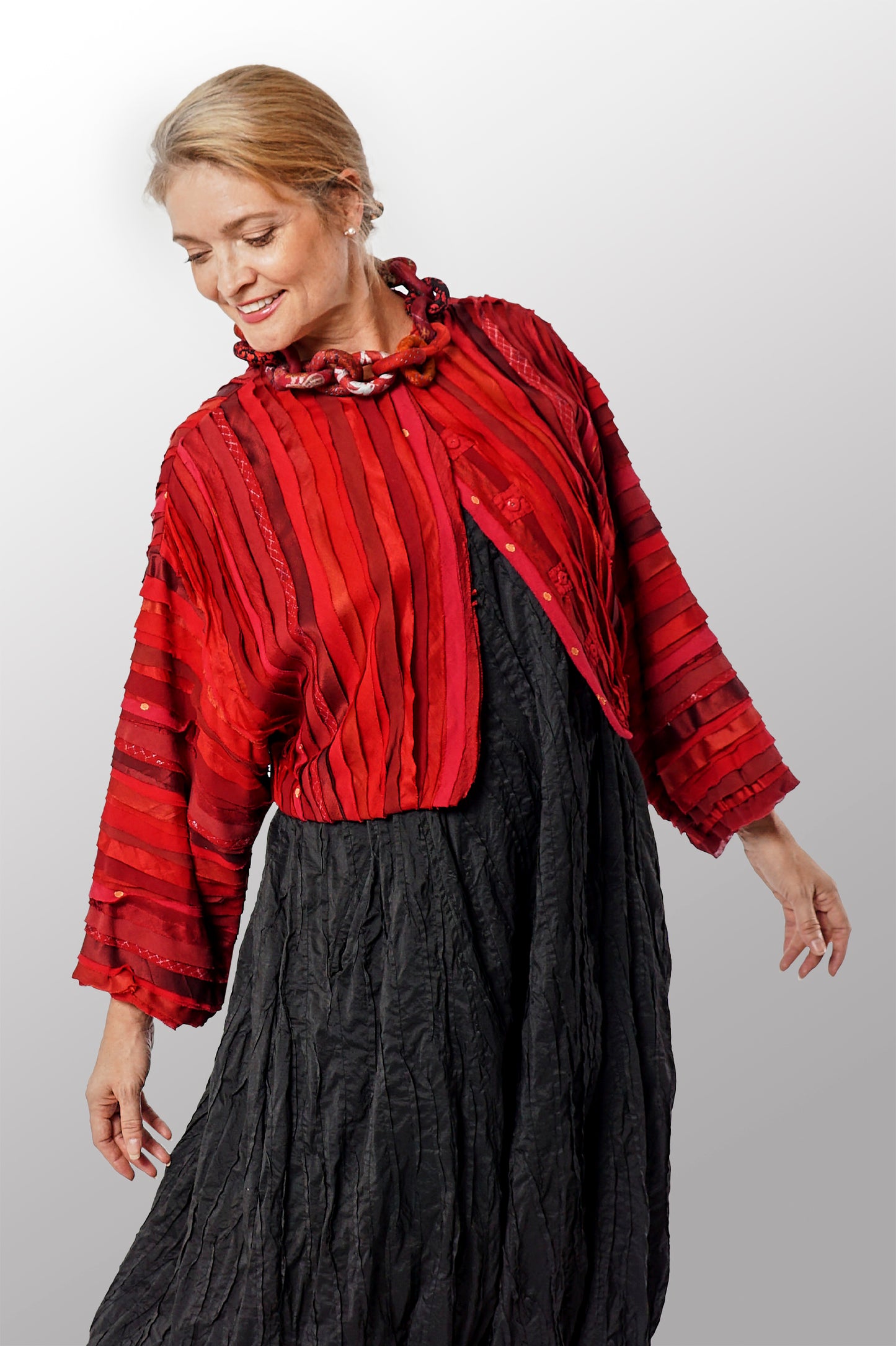 WAVY STRIPE KANTHA CRWE NECK WIDE SLV. JACKET - wv2078-red -