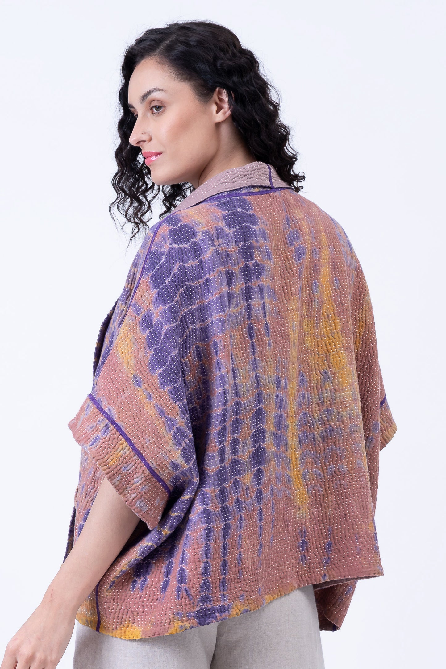 MONE SHIBORI TIE DYE KANTHA MINI PONCHO - ms5060-prp -