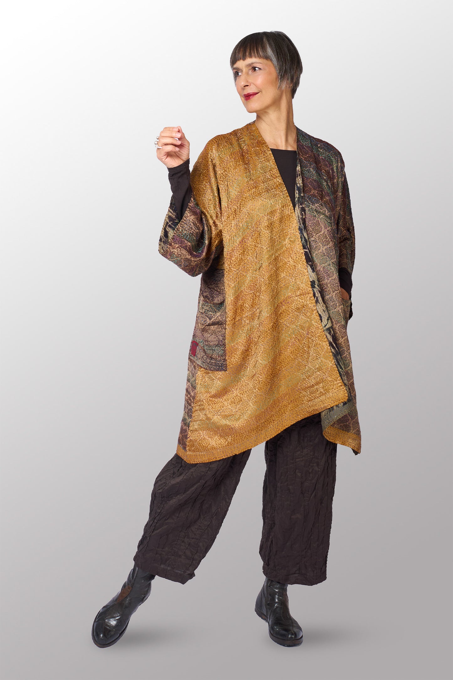GEORGETTE JACQUARD VINTAGE SILK PATCH KANTHA KIMONO DUSTER - gj2317-0001a -