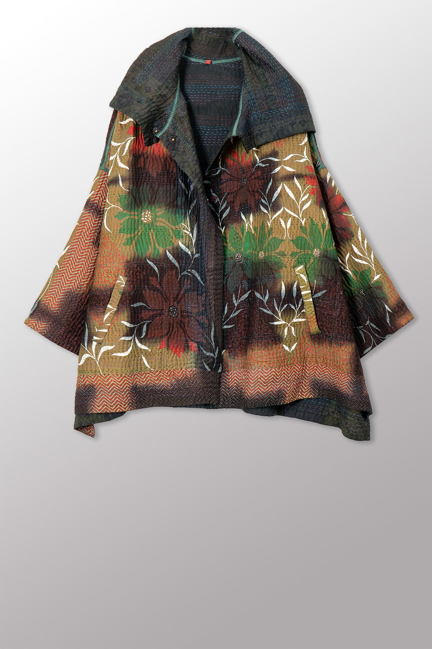 VINTAGE COTTON GREY CLAMP TIE DYE KANTHA HOODIE PONCHO - su4064-0002a -