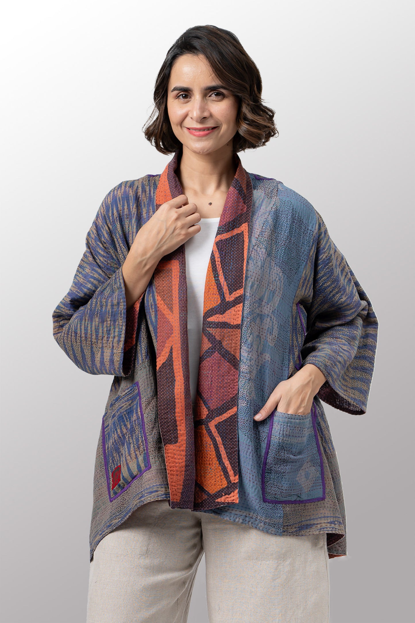 COTTON OVERDYE KANTHA KIMONO JACKET - ov2004-corg001a -