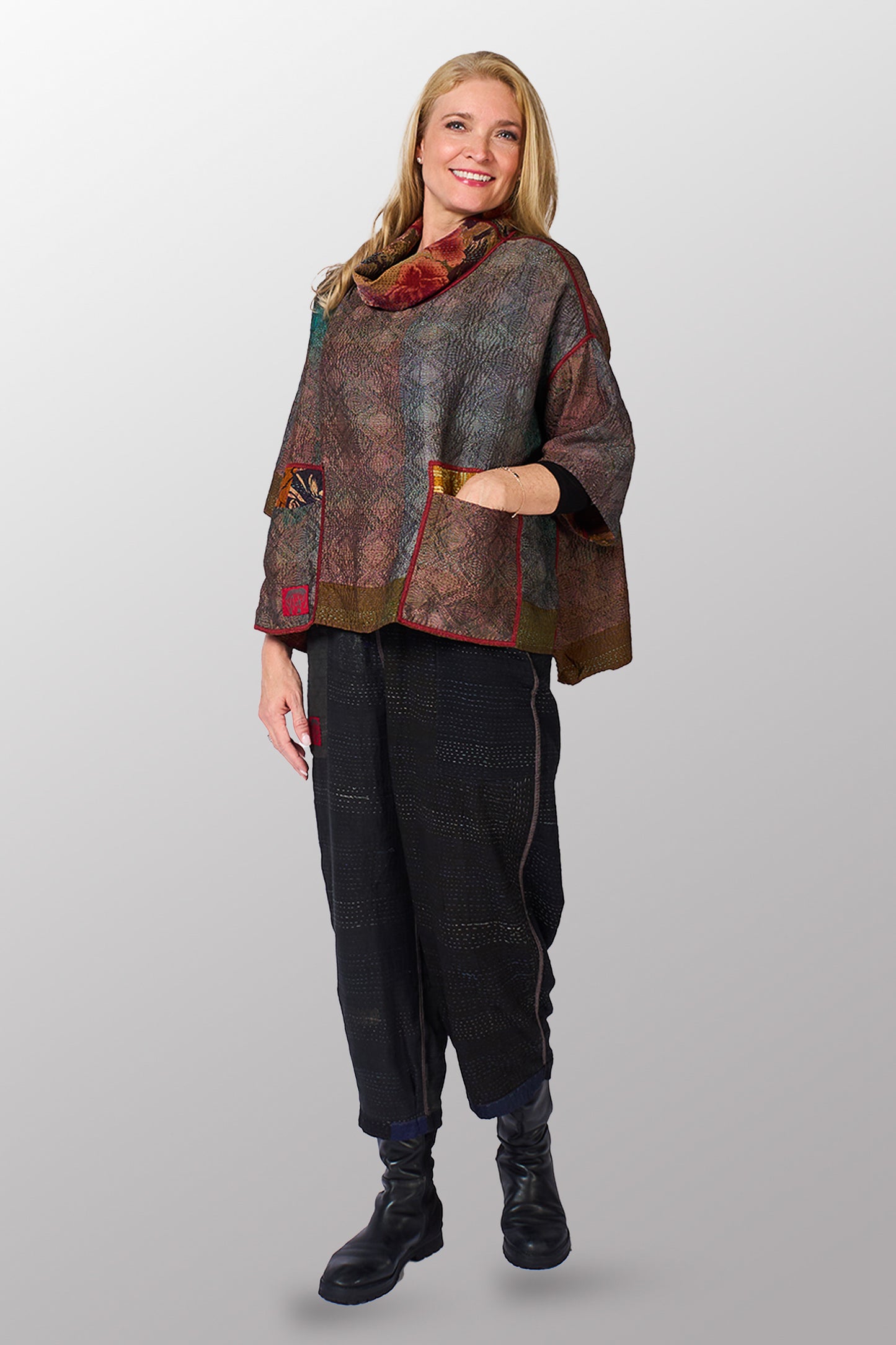 GEORGETTE JACQUARD VINTAGE SILK PATCH KANTHA COWL NECK PONCHO - gj2061-0002a -