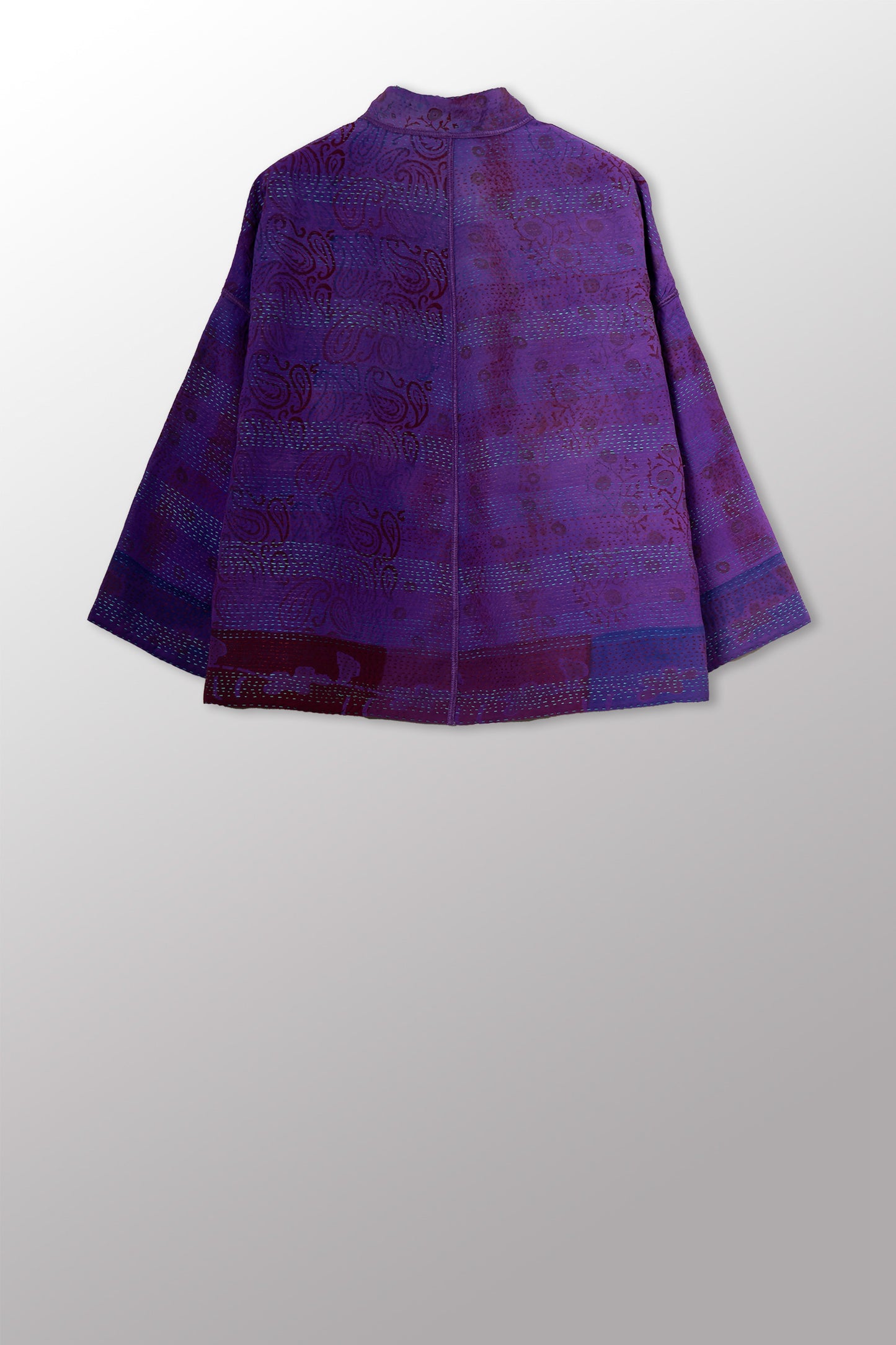 GEORGETTE JACQUARD VINTAGE SILK PATCH KANTHA STAND COLLAR CROPPED JACKET - gj2034-0001a -