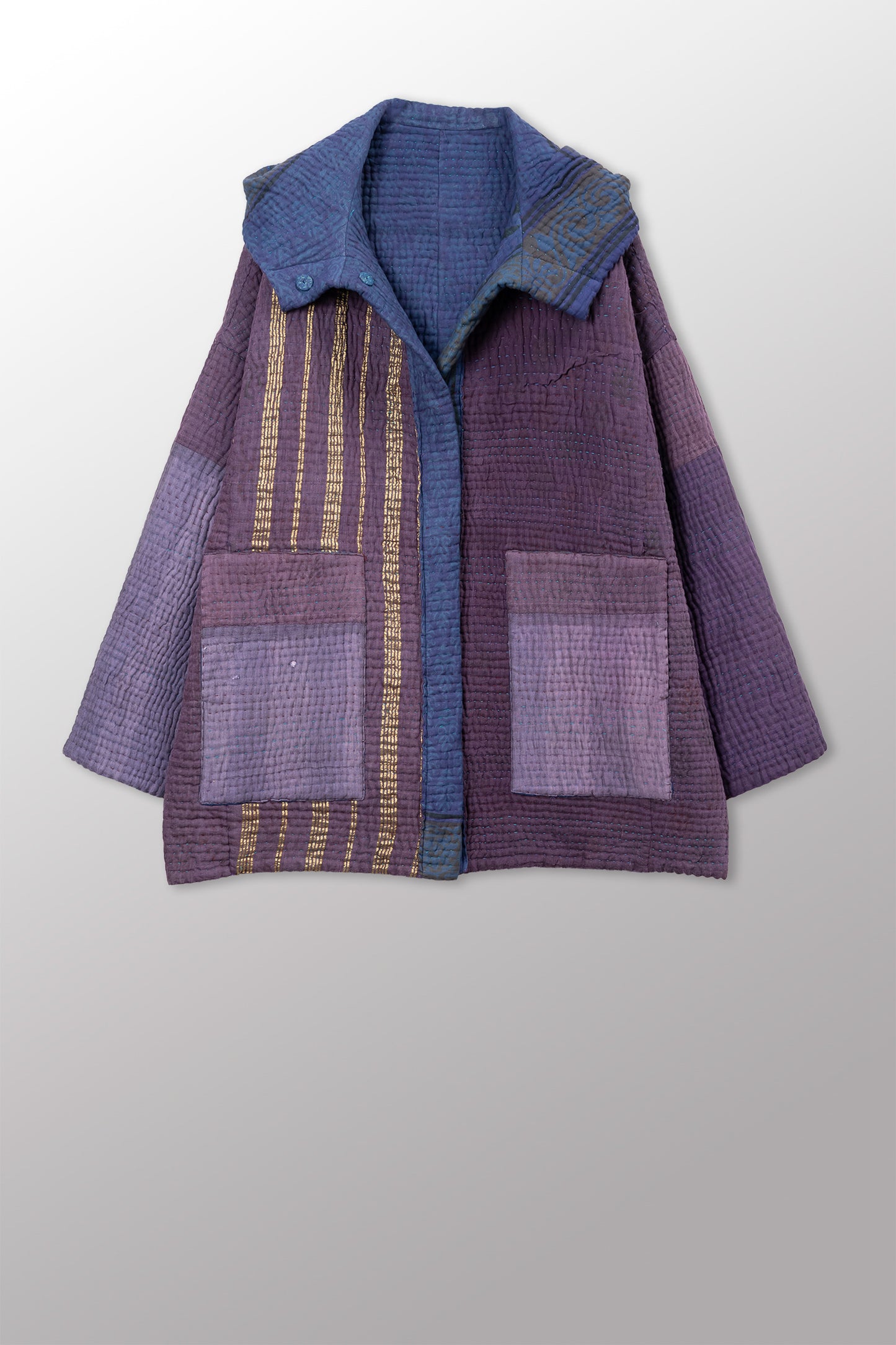 QUILTED OVERDYE COTTON KANTHA HOODED COCOON JACKET (086) - oq5086-cblu001a -