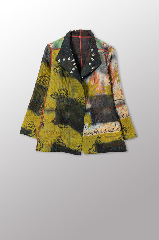 VINTAGE COTTON GREY CLAMP TIE DYE KANTHA SHORT JACKET - su4007-0001s -