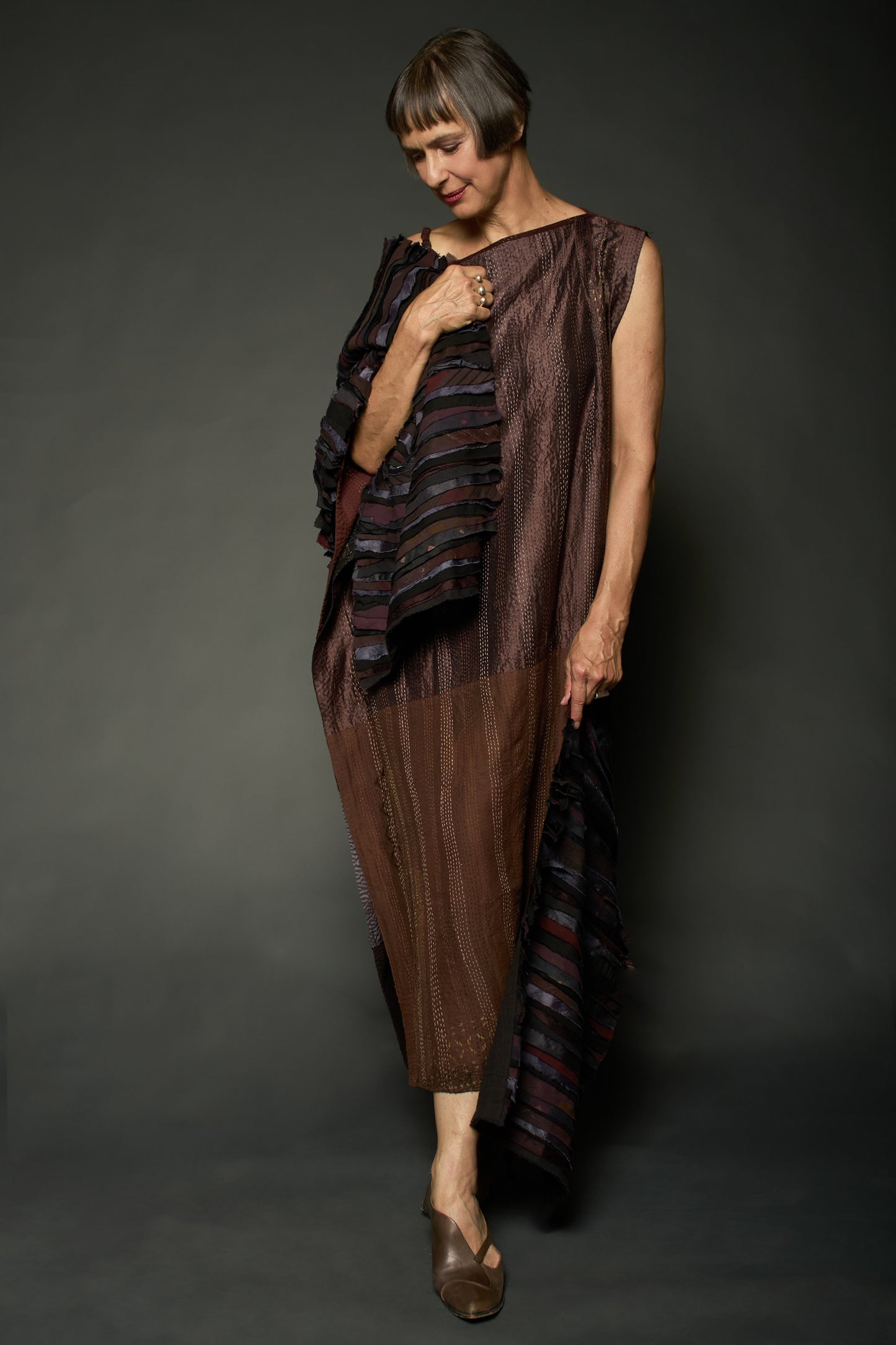 HALF SILK PATCH KANTHA ASYMMETRIC TUBE DRESS - hs2472-brn -