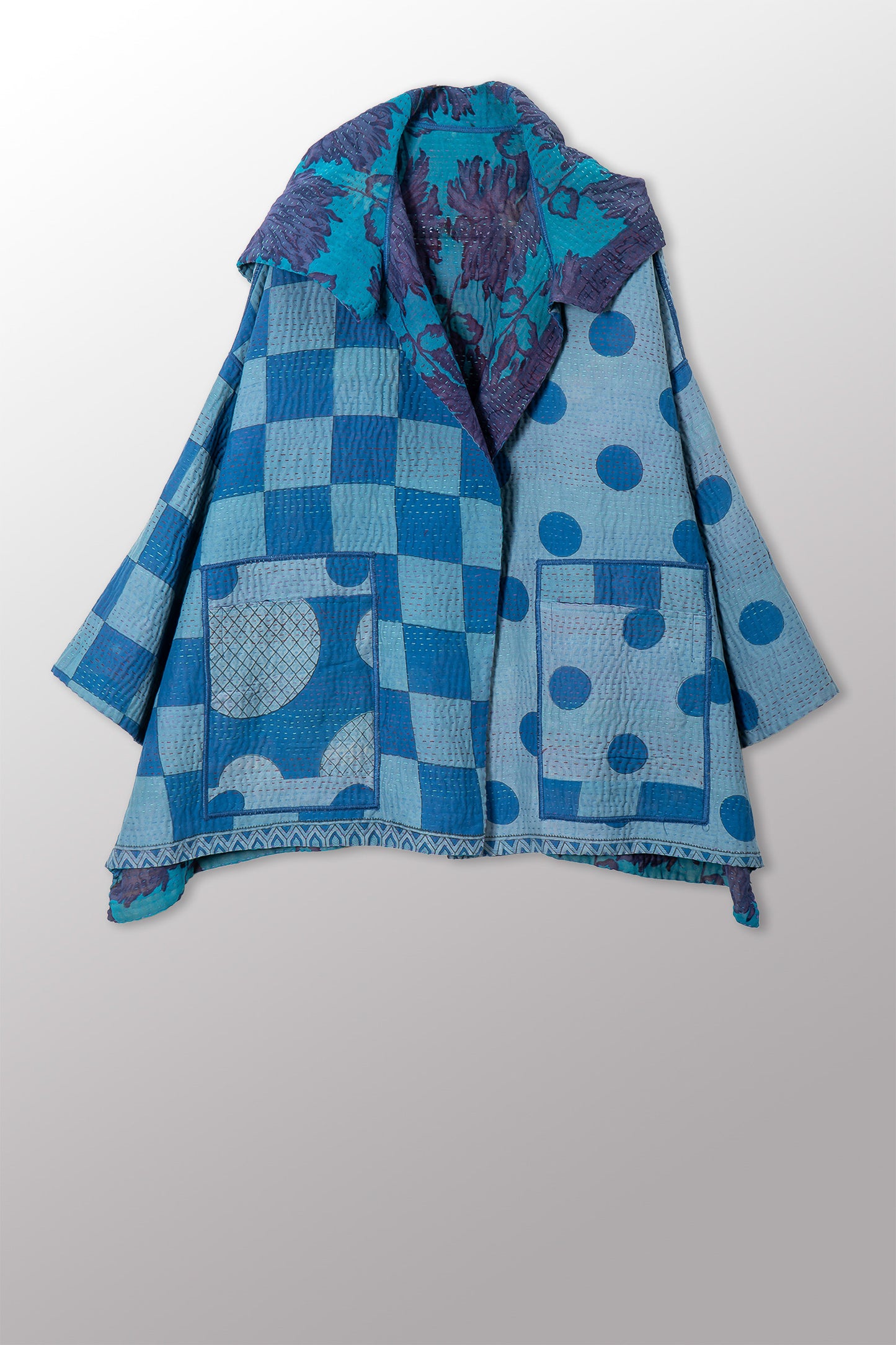 VINTAGE SILK GEORGETTE COTTON KANTHA HOODIE PONCHO - gc4064-0001a -