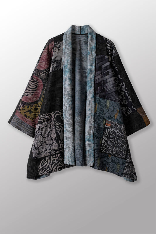 GEORGETTE JACQUARD VINTAGE SILK PATCH KANTHA A-LINE JACKET - gj4003-blk -